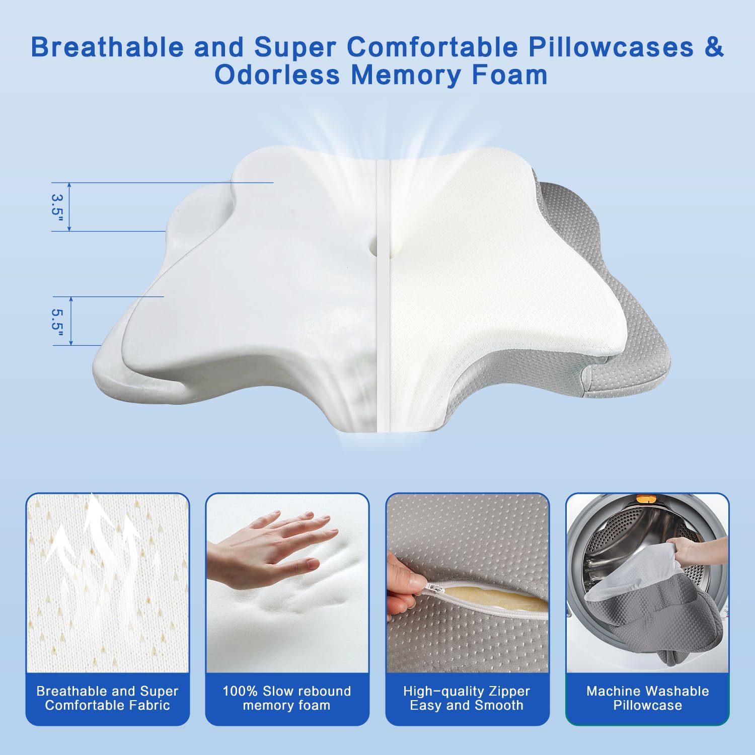 Qiubabyo Cervical Pillow for Neck Support, Adjustable Ergonomic Pillow Cozy Sleeping, Odorless Orthopedic Memory Foam Pillows, Contour Bed Pil…