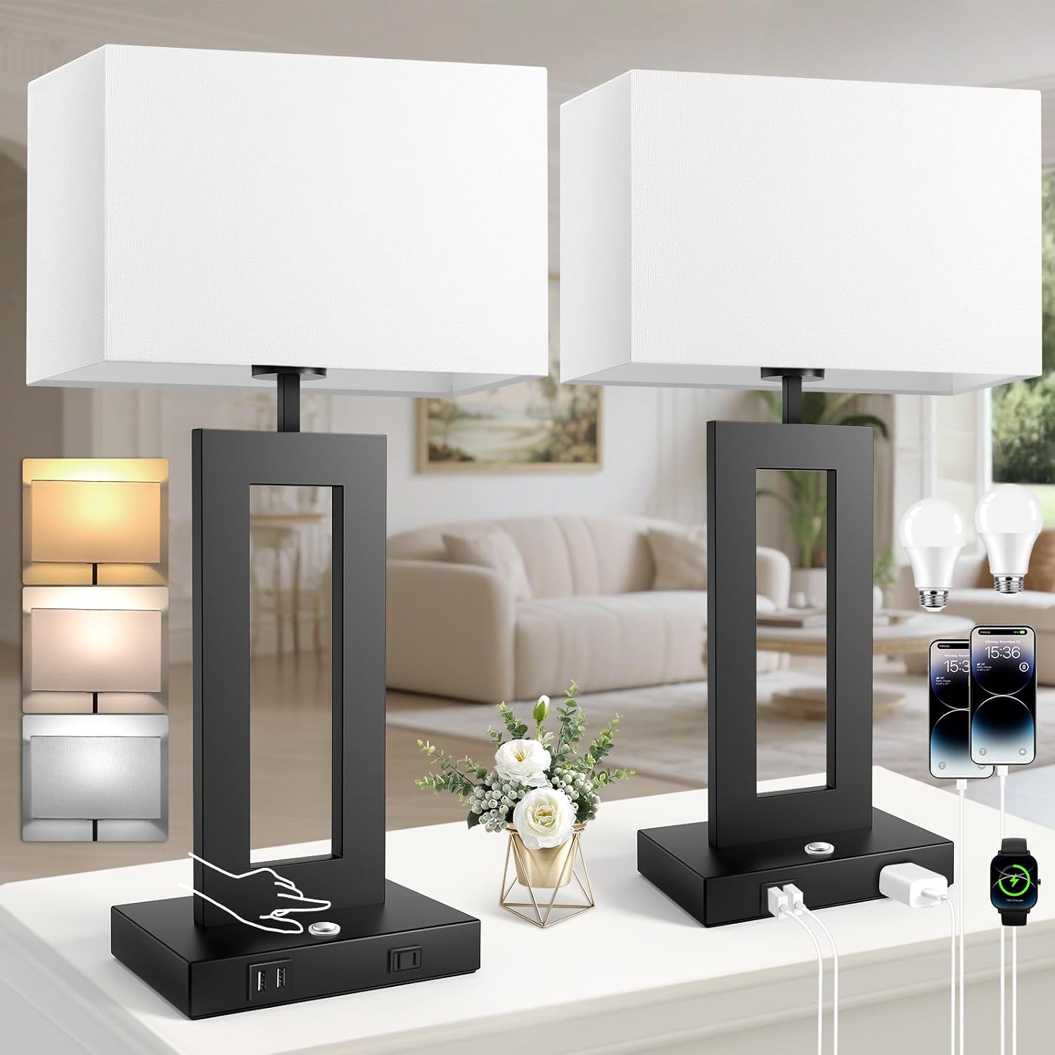 27.2’’ Tall Black Table Lamps for Living Room Bedroom, Bedside Touch Control Lamps with 2 USB Ports&AC Outlet, 3 Color Temp.&Stepless…
