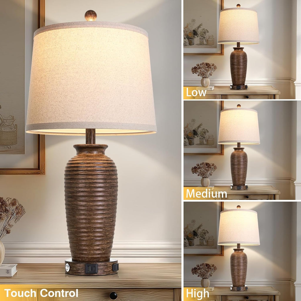 CINSARY 25" Retro Walnut Brown Farmhouse Jar Table Lamps Set of 2, 3 Way Touch Control Rustic Bedside Lamps with USB A+C Ports & AC…
