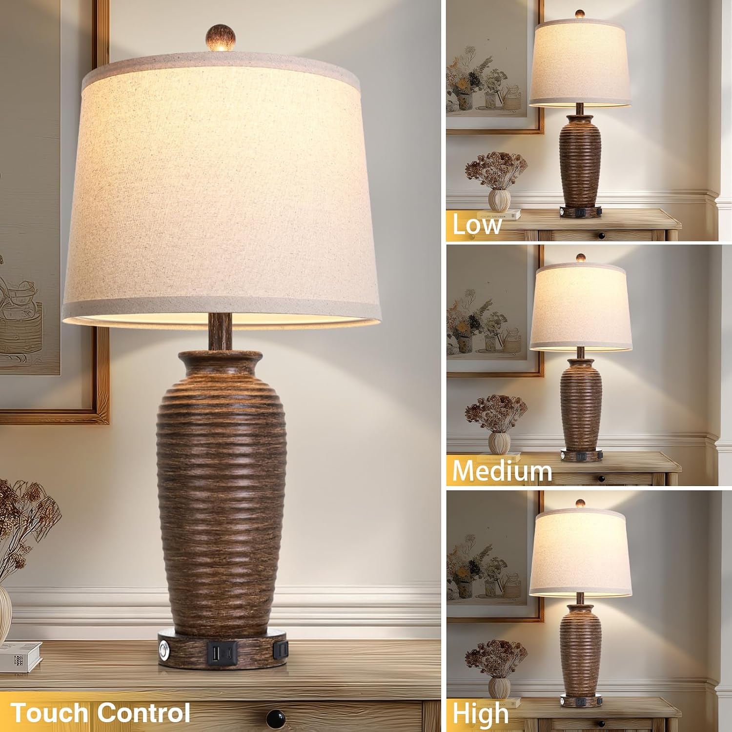 CINSARY 25" Retro Walnut Brown Farmhouse Jar Table Lamps Set of 2, 3 Way Touch Control Rustic Bedside Lamps with USB A+C Ports & AC…