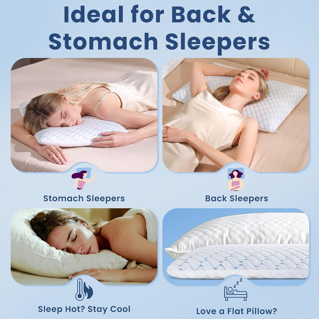 3.25" Ultra Thin Memory Foam Pillow with Cool-to-Touch Cover, Low Profile Flat Bed Pillow for Back & Stomach Sleepers, Standard Size
