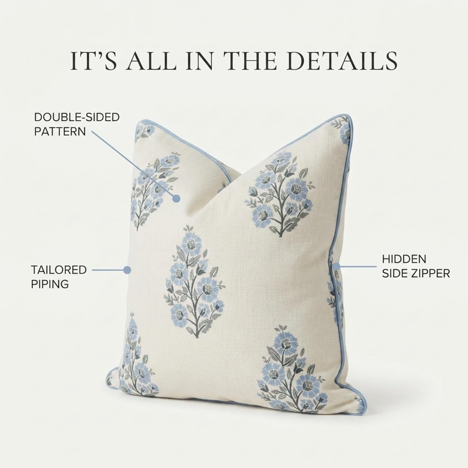 Jillien Harbor “The Camille” Decorative Pillow Cover – Blue & Whitel Floral Block Print Pillow Cover – Grandmillennial Home Decor, 24" x 24"