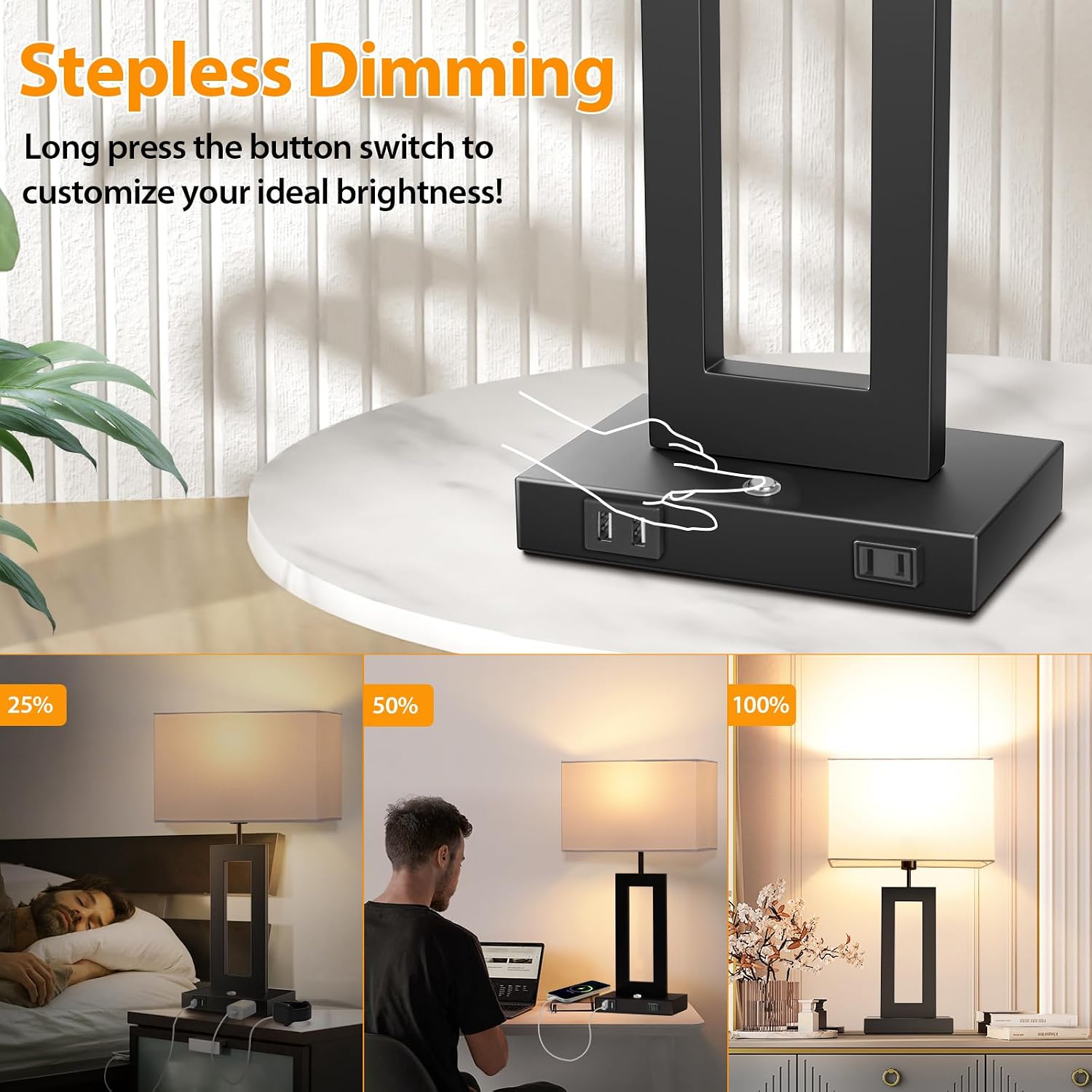 3 Color Temperatures Table Lamps for Bedrooms Set of 2, 22’’ Touch Control Bedside Nightstand Lamps with 2 USB Ports & AC Outlet…