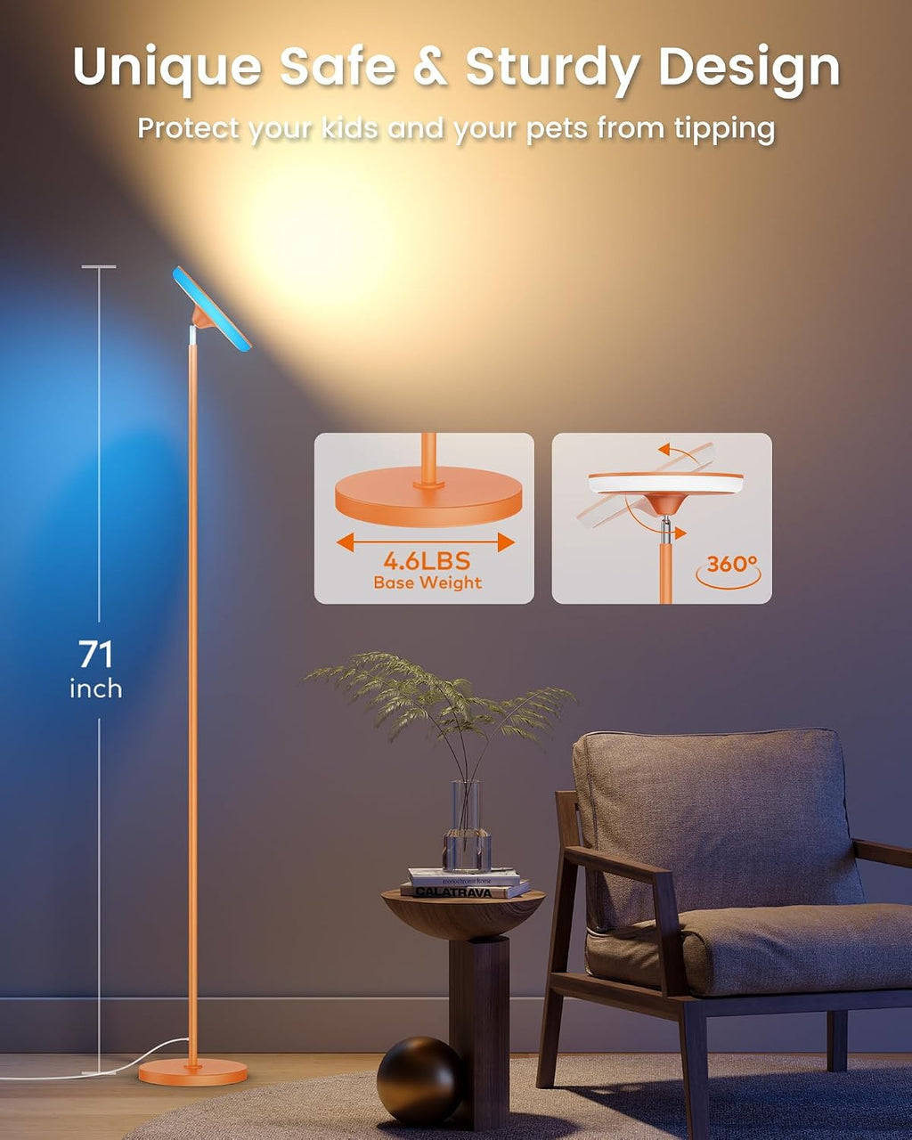 Wowlumenofficial UFO LED Torchiere Floor Lamp with RGB Ambient Light, 42W 3700LM Bright Dimmable Sky Lamp,71in Modern Tall Standing Lamp wi…
