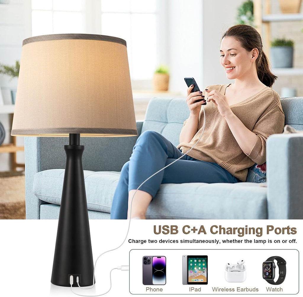 Seealle Modern Table Lamps Set of 2 - Touch Bedside Lamp for Nightstand with Dual USB C+A,3-Way Dimmable Nightstand Lamps for Living Room…