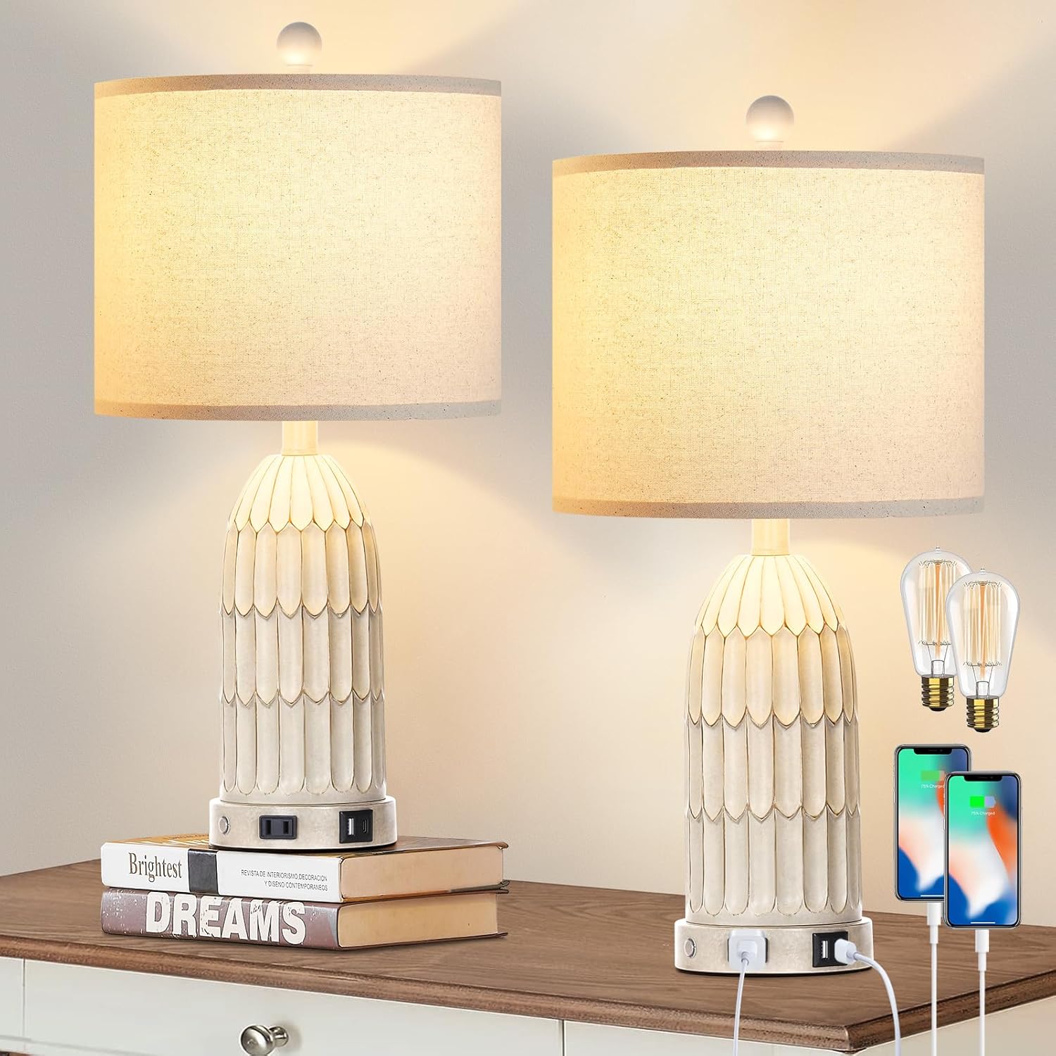 Cinkeda Farmhouse Table Lamps Set of 2, 3-Way Dimmable Touch Lamp for Bedroom Nightstand with USB A+C Ports & AC Outlet, White Vintage…