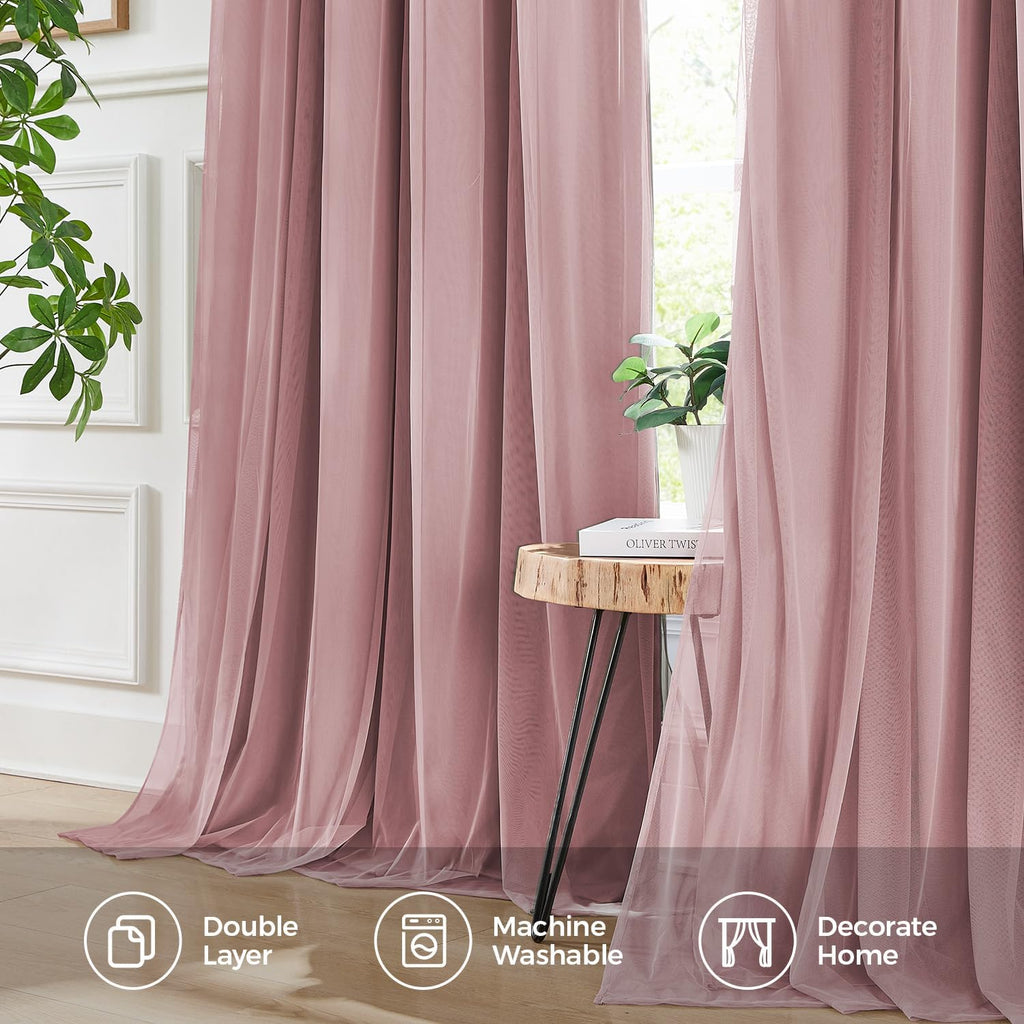 Swandream 100% Blackout Curtains for Bedroom, Double Layer Pink Curtains, Black Out Curtain 63 inch Long with Sheer Overlay for Living Room…