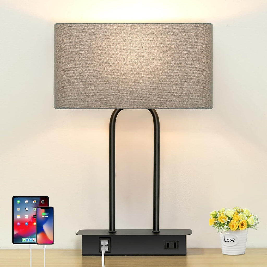 16.1'' 3-Way Dimmable Touch Control Table Lamp with USB Ports and AC Power Outlet Modern Bedside Nightstand Lamp Fabric Shade and Metal…