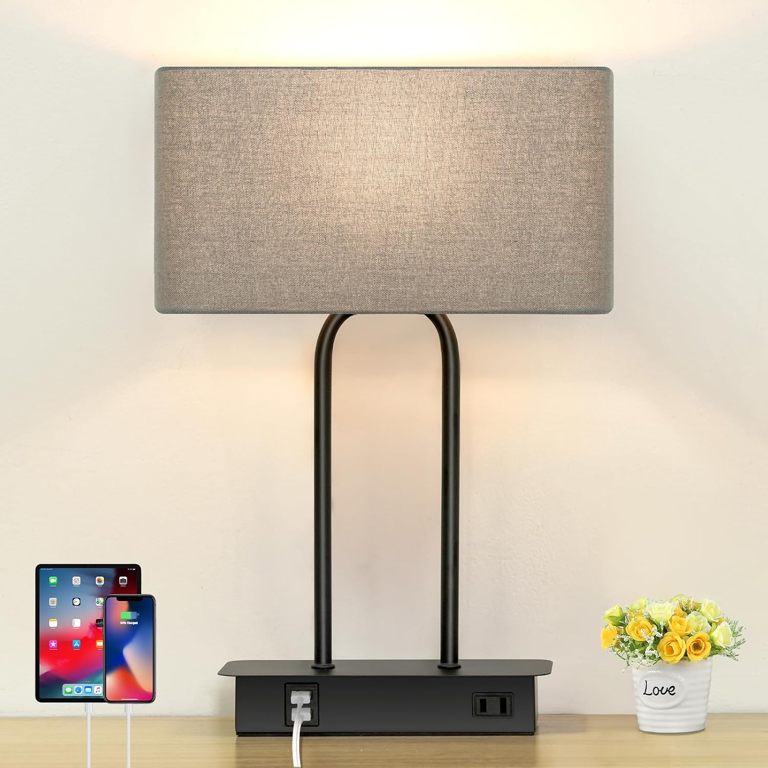 16.1'' 3-Way Dimmable Touch Control Table Lamp with USB Ports and AC Power Outlet Modern Bedside Nightstand Lamp Fabric Shade and Metal…