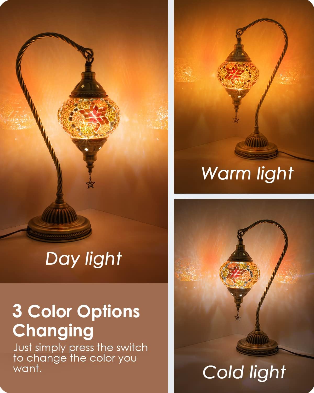 Yarra-Decor Turkish Moroccan Lamp with Bronze Base 3-Way Color Changing Handmade Swan Neck Tiffany Mosaic Glass Bedside Lamps for Bedroom…