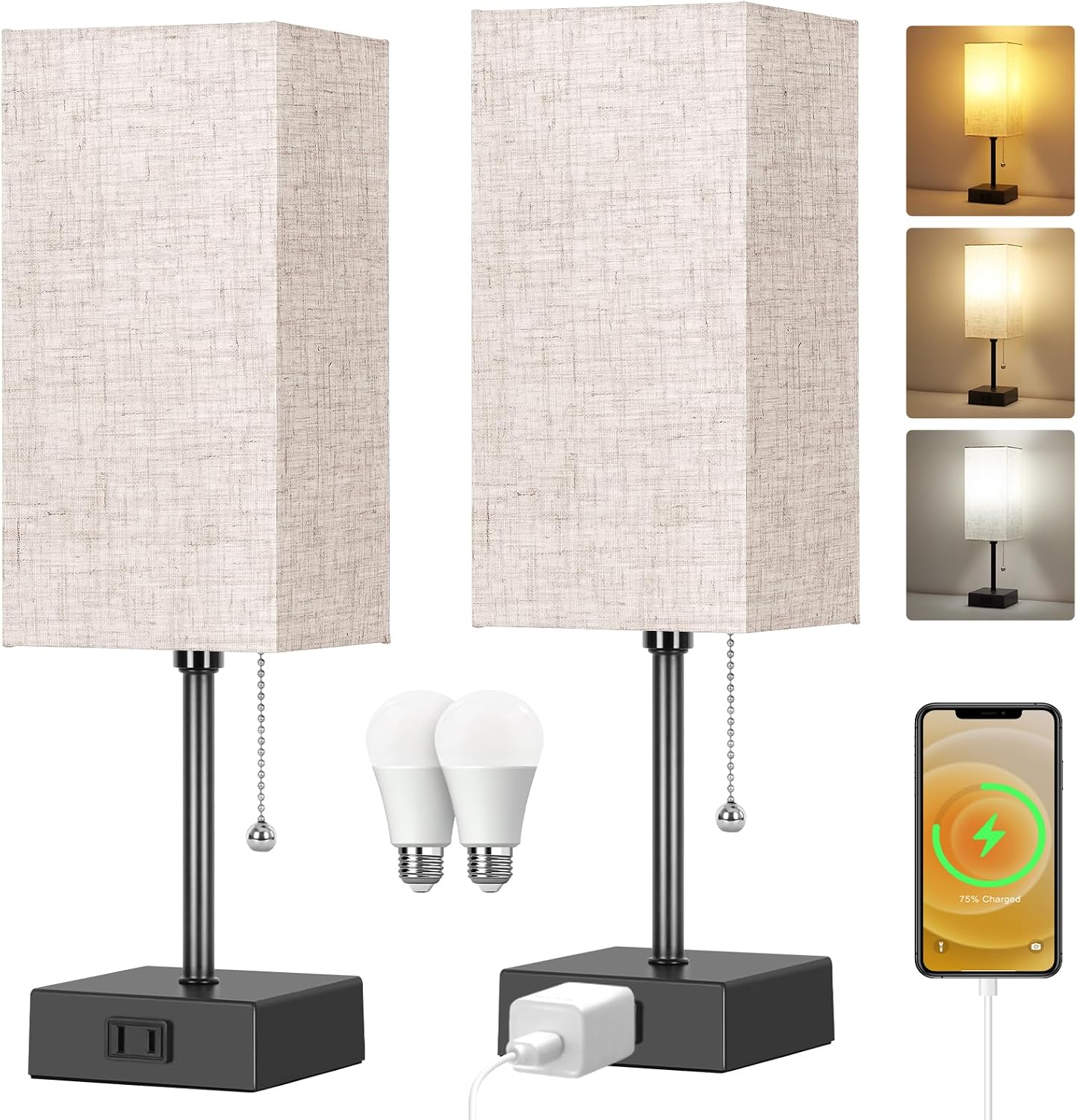 Table Lamp for Bedroom set of 2,3-Color Bedside Lamps with Pull Chain Table Lamps for Nightstand with AC Outlets, Night Light Lamps with 2…