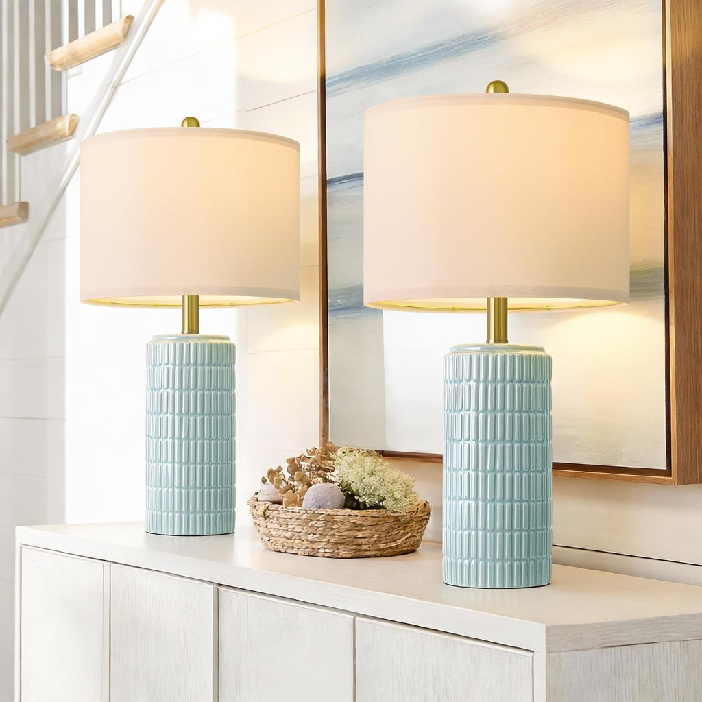 PoKat 23" Light Blue Table Lamps Set of 2, Modern Bedside Lamps for Bedroom, Coastal Ceramic End Table Lamps for Living Room, Ocean…