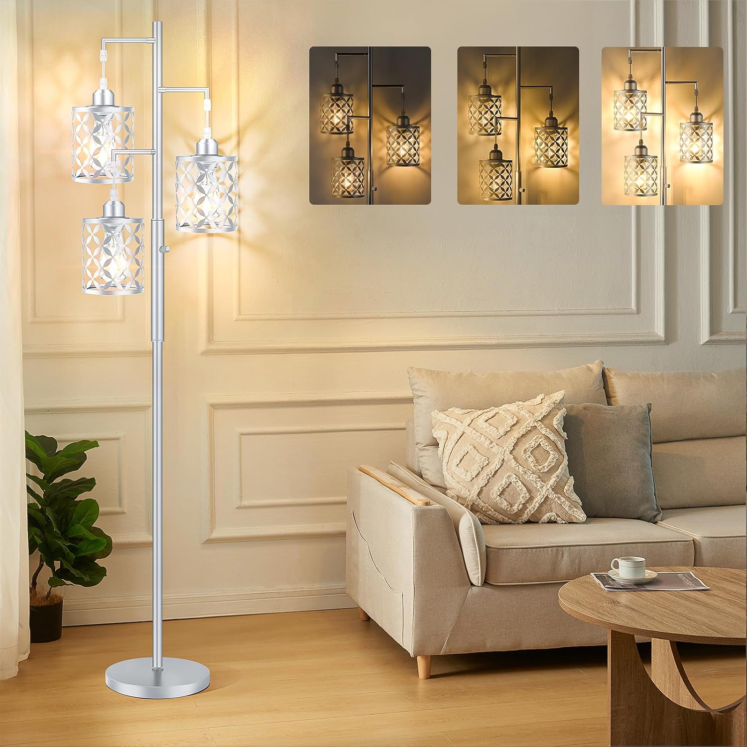 Dimmable Floor Lamp, Farmhouse Standing Lamp with Elegant Metal Cage, Industrial Tall Tree Floor Lamps for Living Room, Bedroom, Study…