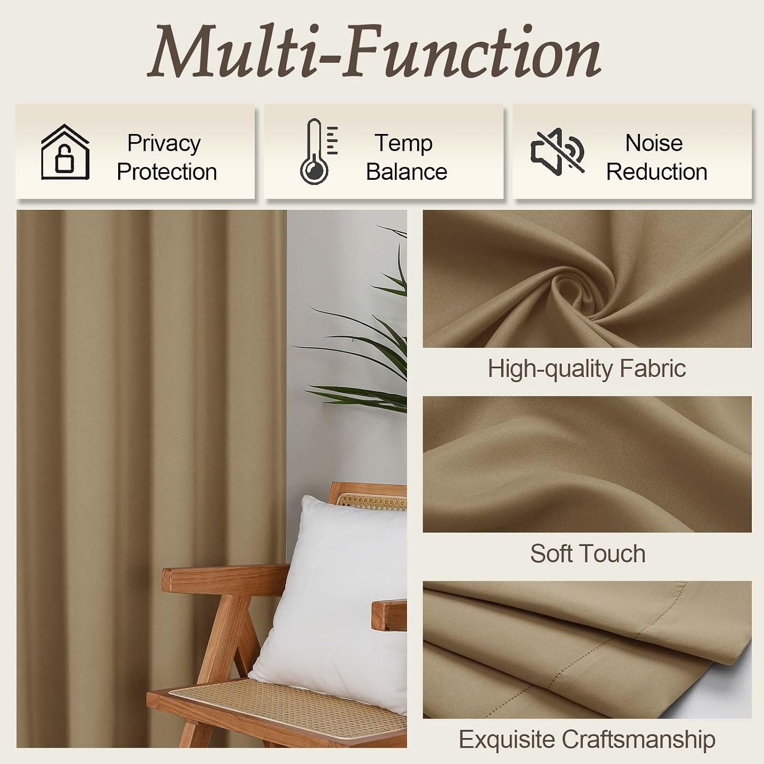 Gwine Taupe Blackout Curtains for Living Room 72 inches Long, Noise Reducing Room Darkening Window Treatment Curtains for Bedroom…