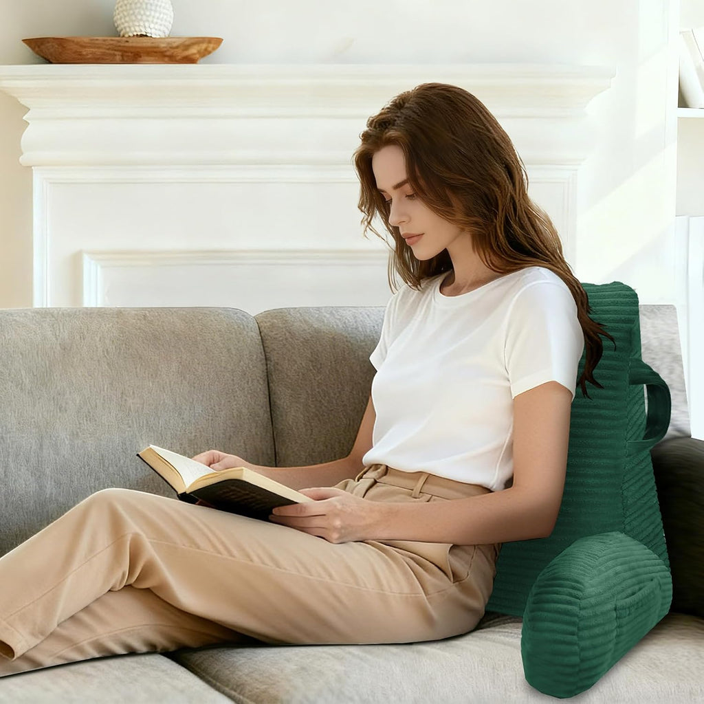 Reading Pillow for Sitting in Bed Adult, Bed Reading Pillow with Shredded Memory Foam, Back Pillow for Sitting with Arms and Pockets, Green