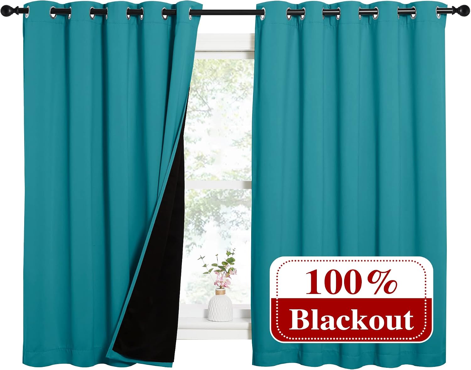 Nicetown Peacock Teal 100% Blackout Lined Curtains, 2 Thick Layers Completely Blackout Window Treatment Thermal Insulated Drapes for Kitche…