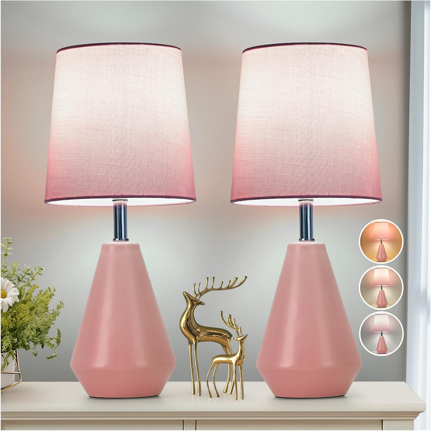 Small Bedside Table Lamp for Bedroom-Reading Desk Lamp Set of 2, with 3 Color Temperatures,15.5" Nightstand Ceramic Lamp with Fabric Shade…