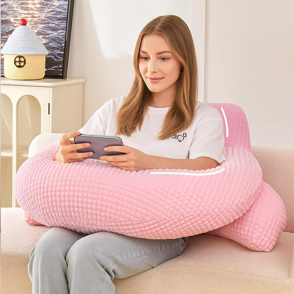Bed Reading Pillow with Arms 19", Cozy Flannel U Shaped Back Support Cushion for Sit up in Bed, Ergonomic Lumbar Backrest for Adult…