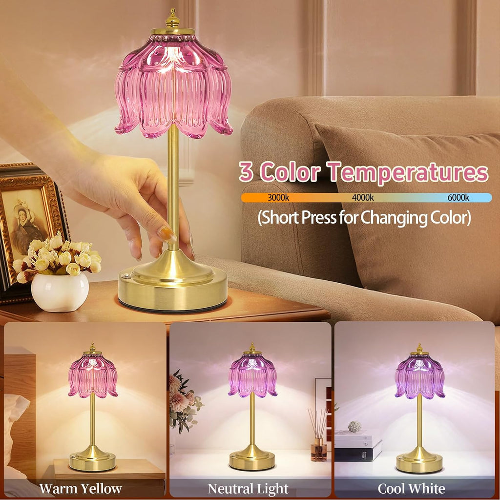 Crkwos Cordless Lotus Flower Table Lamp, 5200mAh Rechargeable Battery Operated Portable Lamp, 3-Color Dimmable Touch Control Small D…