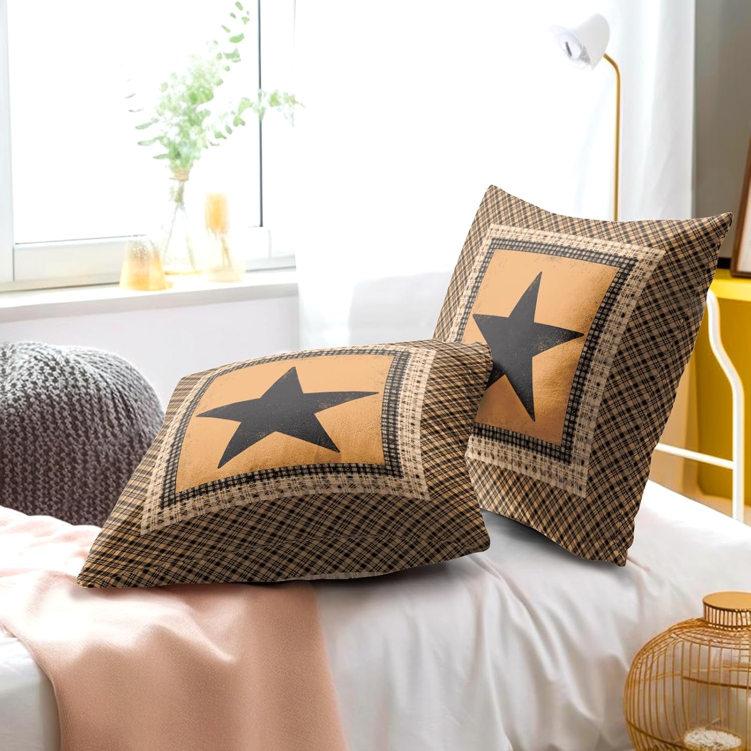 Western Throw Pillow Covers 22x22 Inch Set of 2 Brown Texas Star Decorative Pillowcase Vintage Farmhouse Retro Style Cotton Cushion Cover…