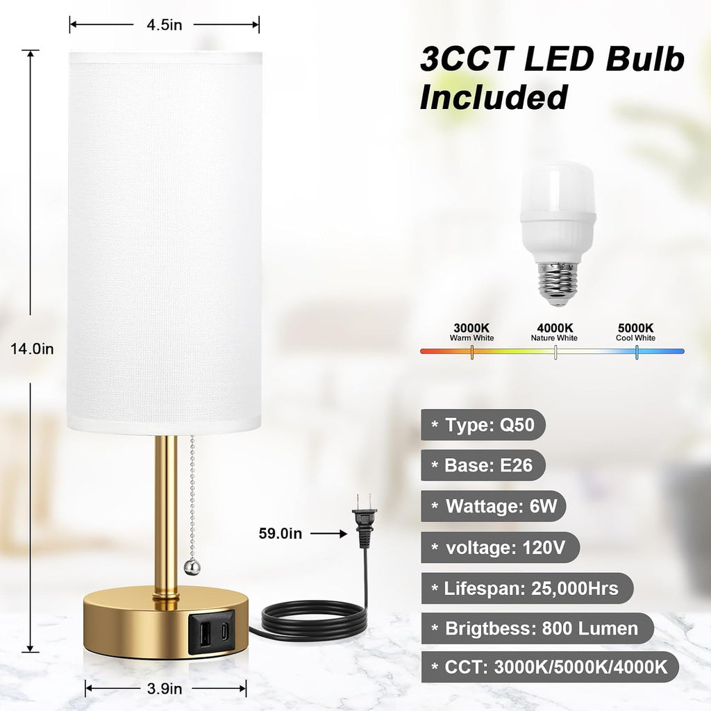 Gold Bedside Lamp for Bedroom Nightstand - Small Table Lamp with USB A + C Charging Port, 3 Color Temperatures Pull Chain Night Stand…