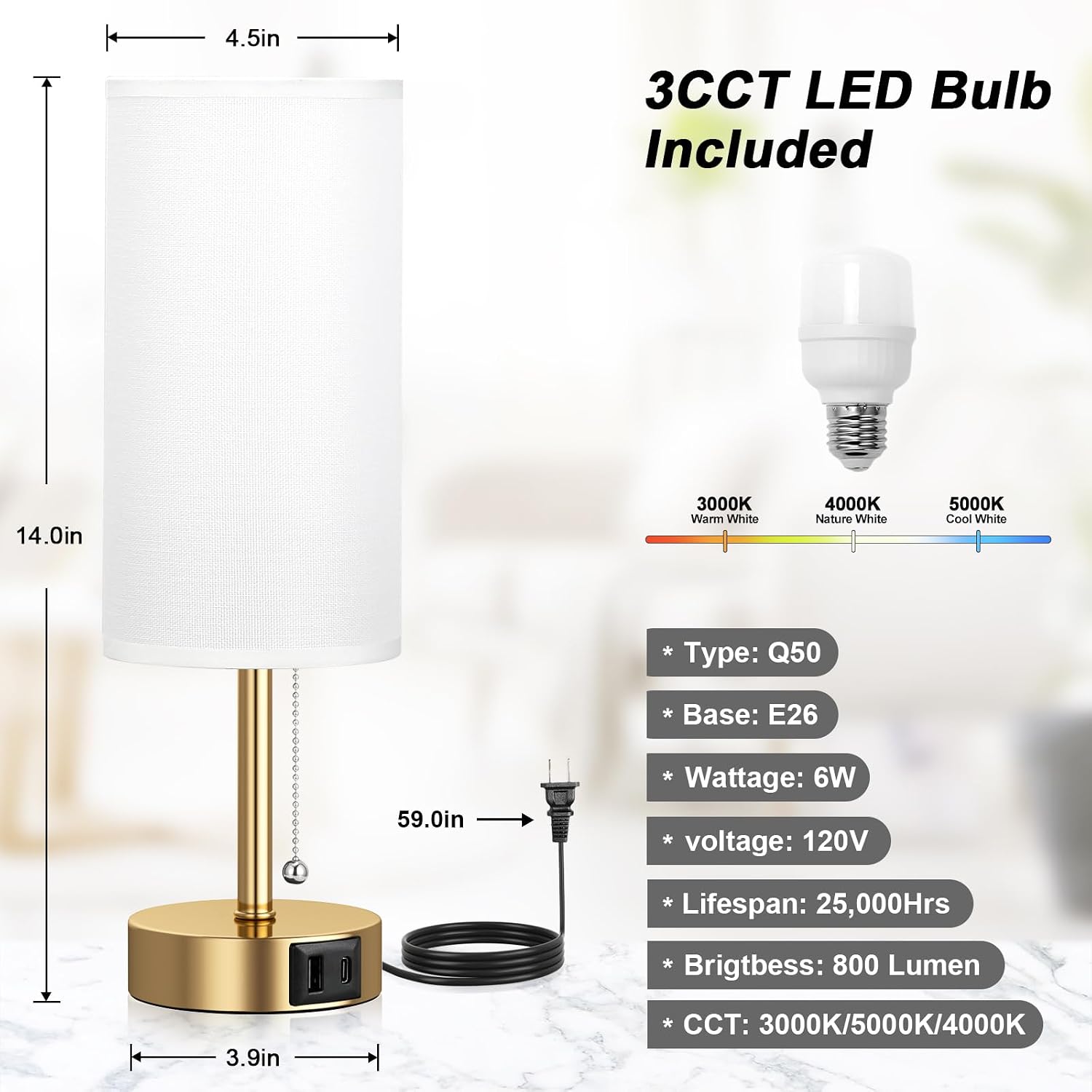 Gold Bedside Lamp for Bedroom Nightstand - Small Table Lamp with USB A + C Charging Port, 3 Color Temperatures Pull Chain Night Stand…