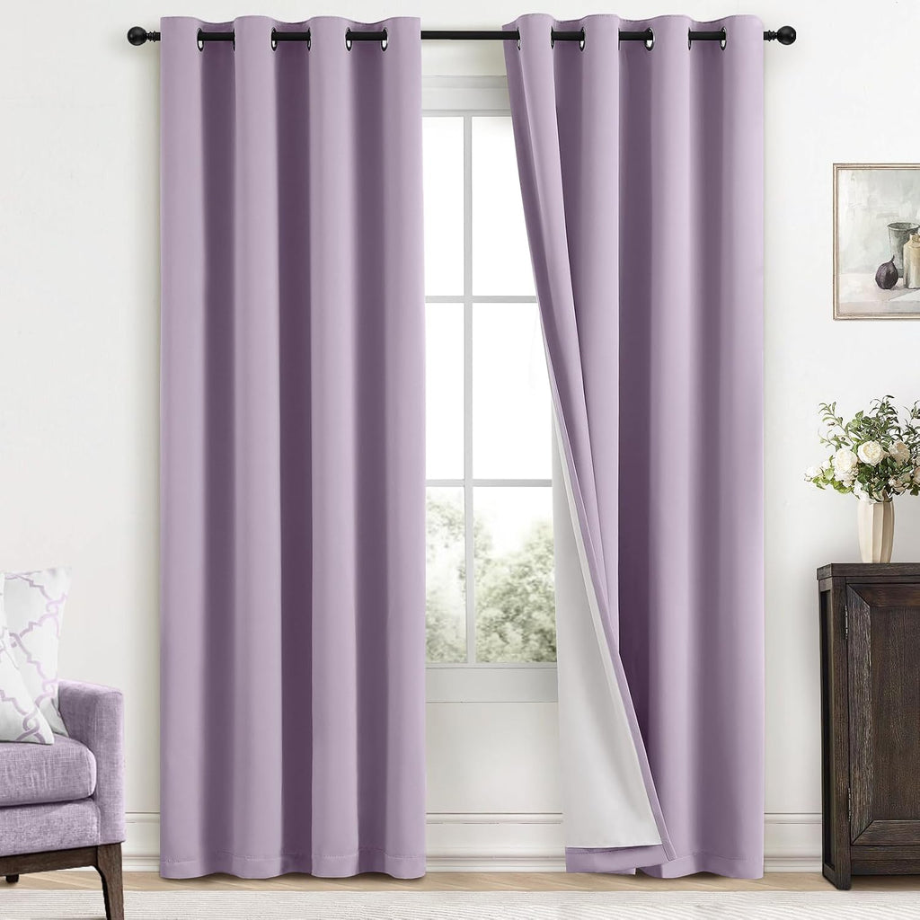 Yakamok Lilac 100% Blackout Curtains 84 Inches Long with 2 Thick Layers-Light Purple Room Darkening Thermal Insulated Window Curtain Set of…