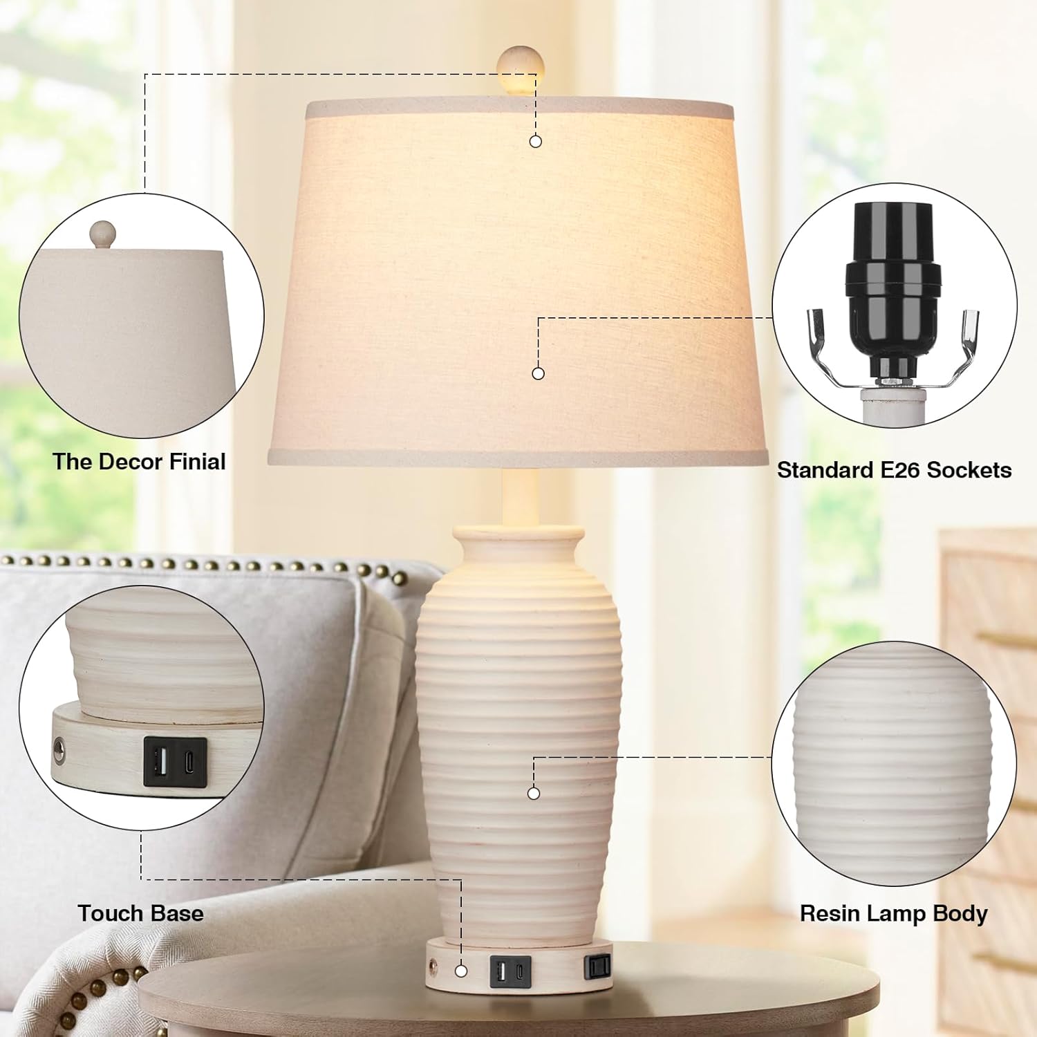 CINSARY 24.3" Farmhouse Jar Table Lamps Set of 2, 3 Way Touch Control Rustic Bedside Lamps with USB A+C Ports & AC Outlet, Pot Nightstand…