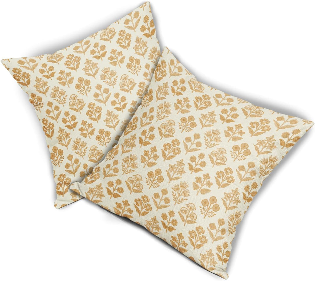 Mustard Yellow Floral Pillow Covers 24x24 Inch Set of 2, Vintage Flower Block Print Pattern Decorative Throw Pillowcases Outdoor…