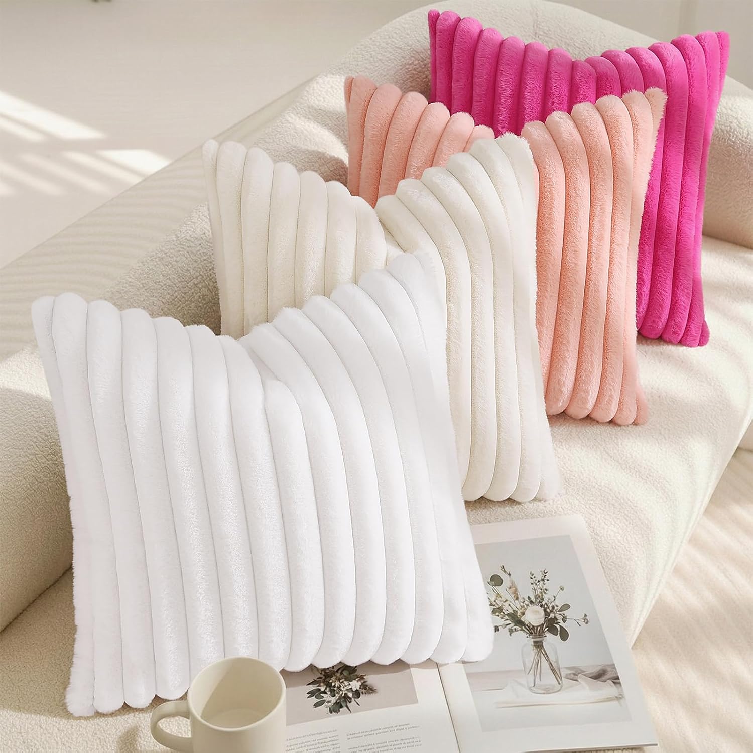 decorUhome Summer Cozy Faux Fur Throw Pillow Covers 16x16 Set of 2 Decorative Soft Plush Striped Modern Farmhouse Boho Couch Pillow Cases w…
