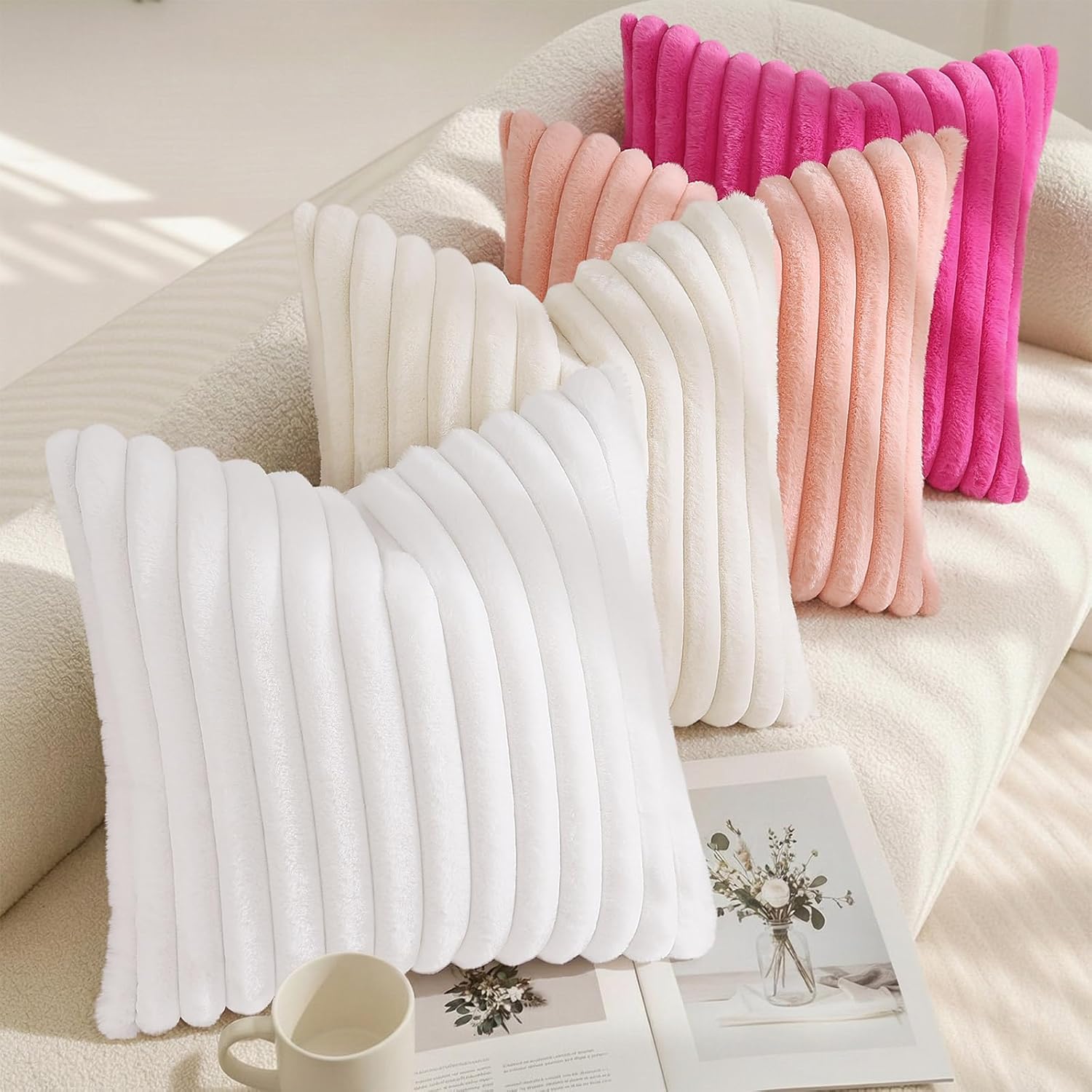 decorUhome Summer Cozy Faux Fur Throw Pillow Covers 24x24 Set of 2 Decorative Soft Plush Striped Modern Farmhouse Boho Couch Euro Sham Pill…