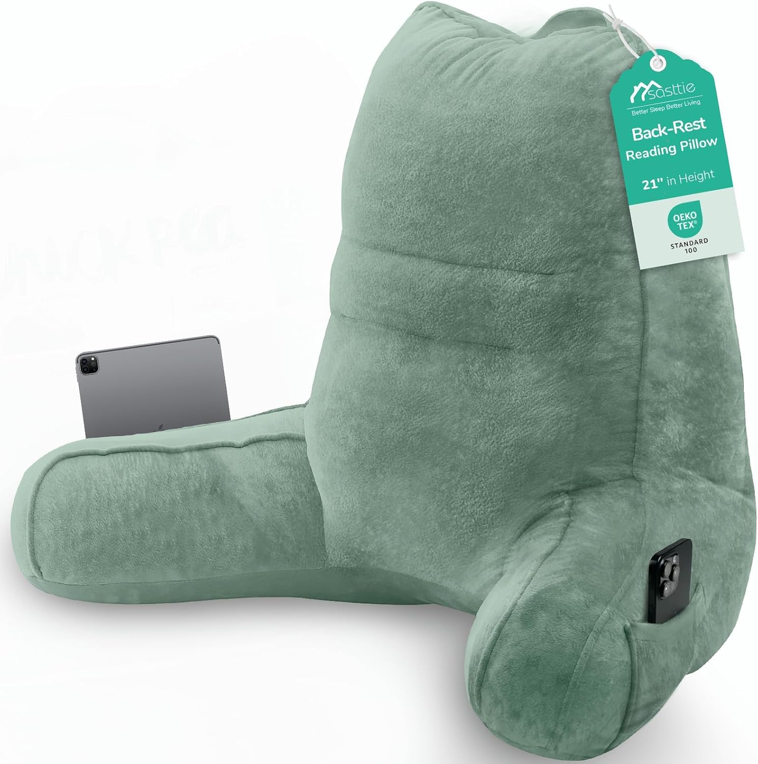 Sasttie Reading Pillow, Pillows for Reading or Relaxing – Ergonomic Support for Head, Neck, Back, and Lumbar, 21-Inch, Green Green