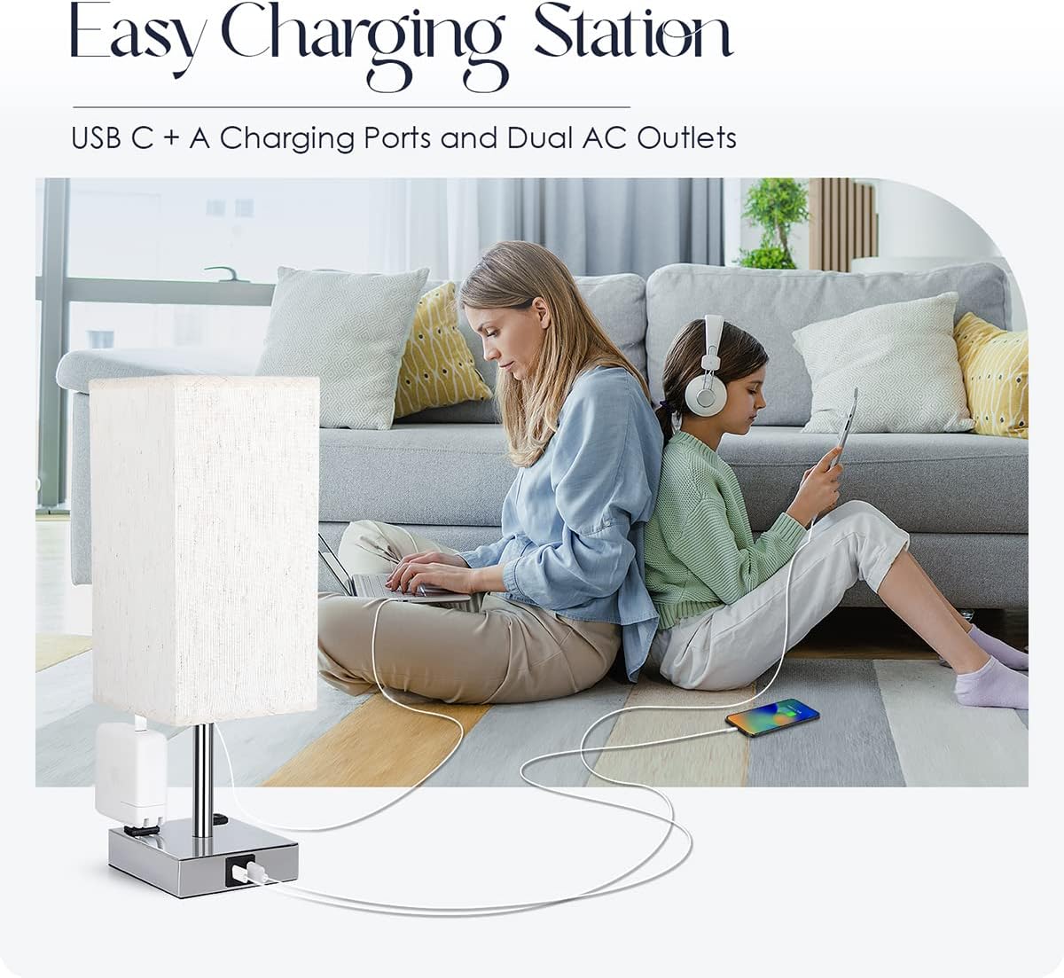 Bedside Lamp with USB Ports - Touch Control Table Lamp for Bedroom with USB C+A Charging Ports & AC Outlets, 3 Way Dimmable Nightstand…