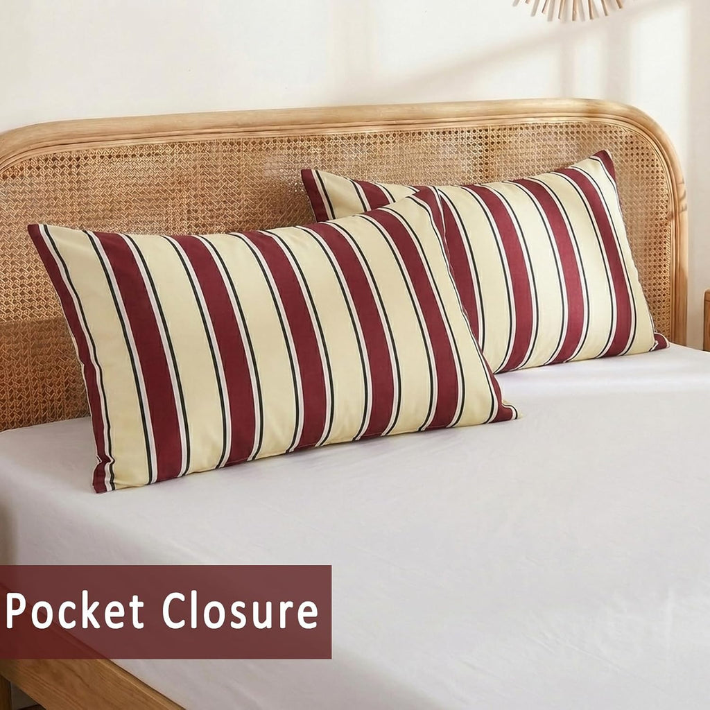 Merryword 100% Cotton Pillow Cases, Queen Size Pillowcases, Burgundy & Cream Striped Pillowcases, Luxury Linen Like Pillowcase, Soft Breath…