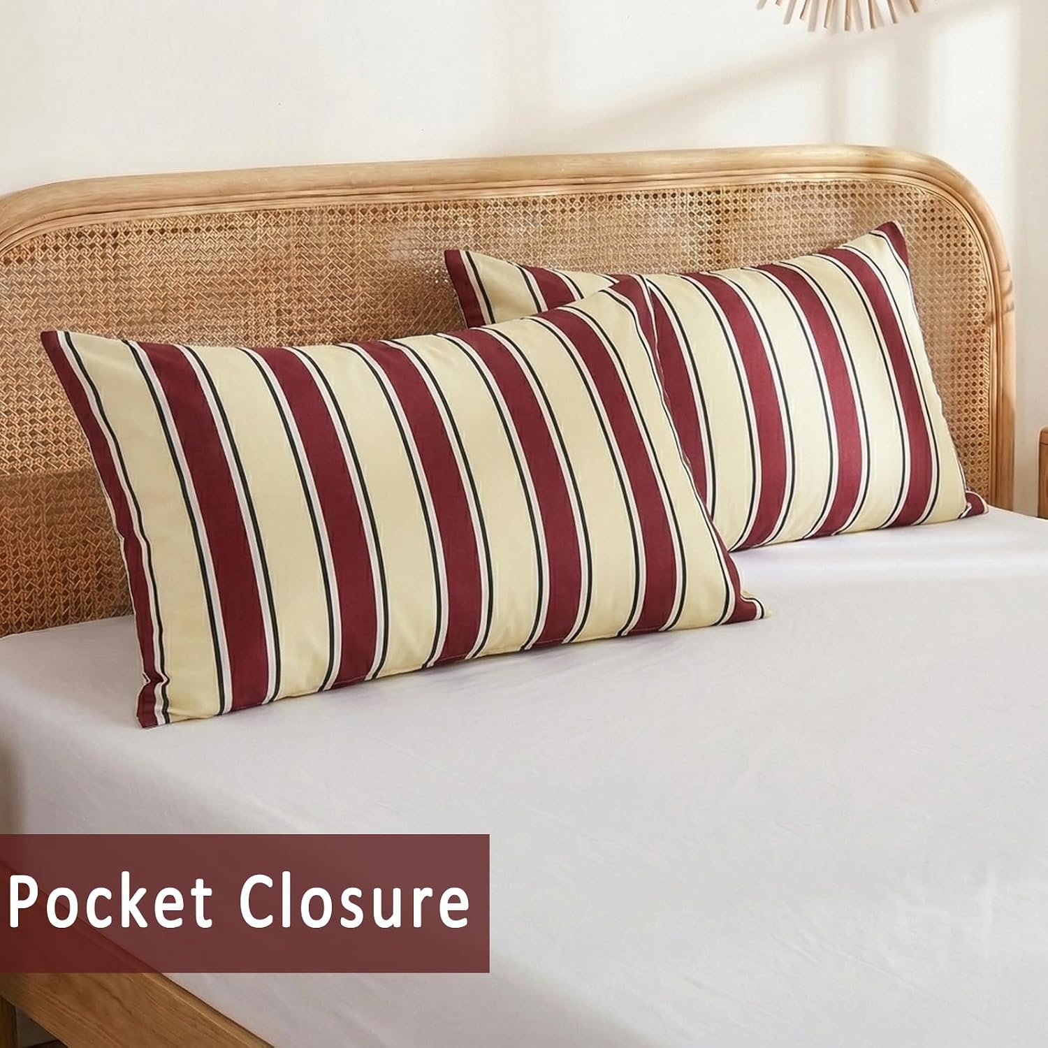 Merryword 100% Cotton Pillow Cases, Queen Size Pillowcases, Burgundy & Cream Striped Pillowcases, Luxury Linen Like Pillowcase, Soft Breath…