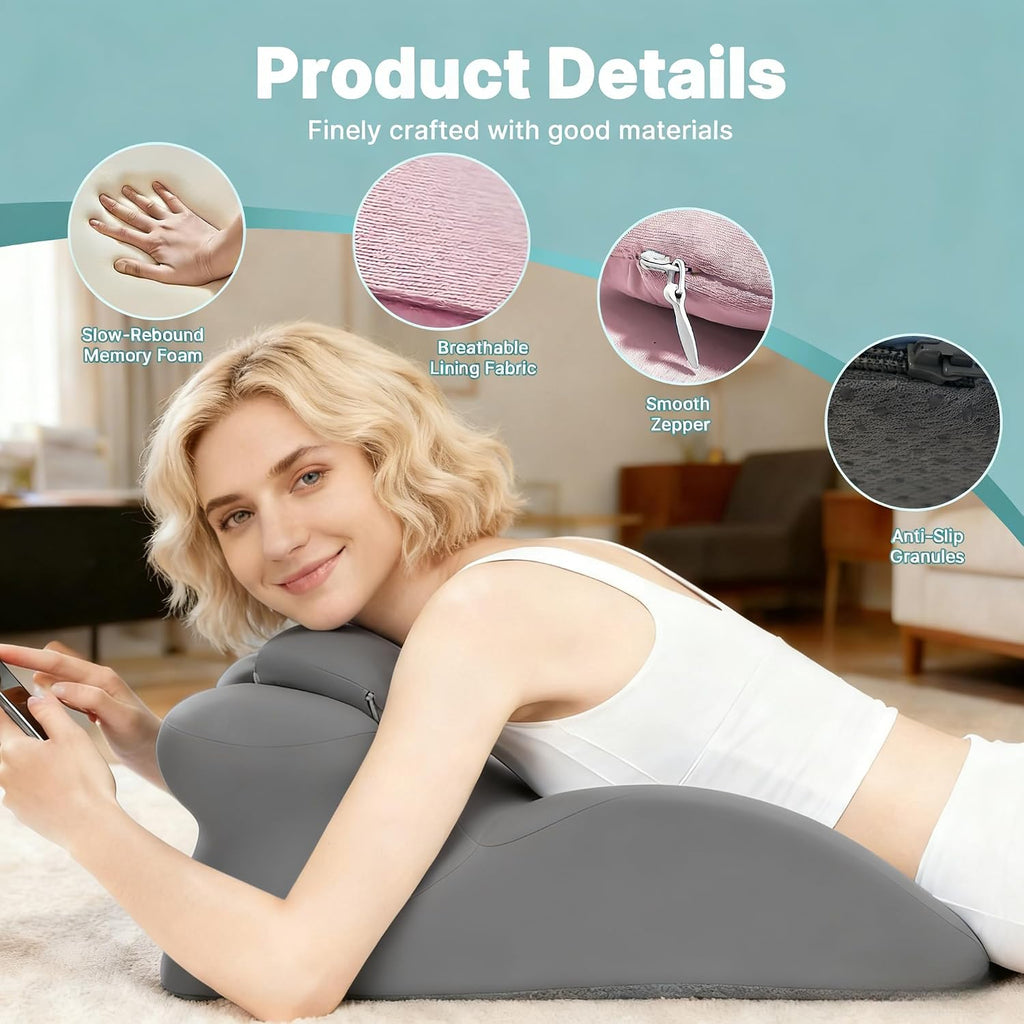 Ergonomic Memory Foam Wedge Pillow, Back and Neck Support Cushion for Reading in Bed, Sitting Up, Bed Rest and Watching TV (Grey)