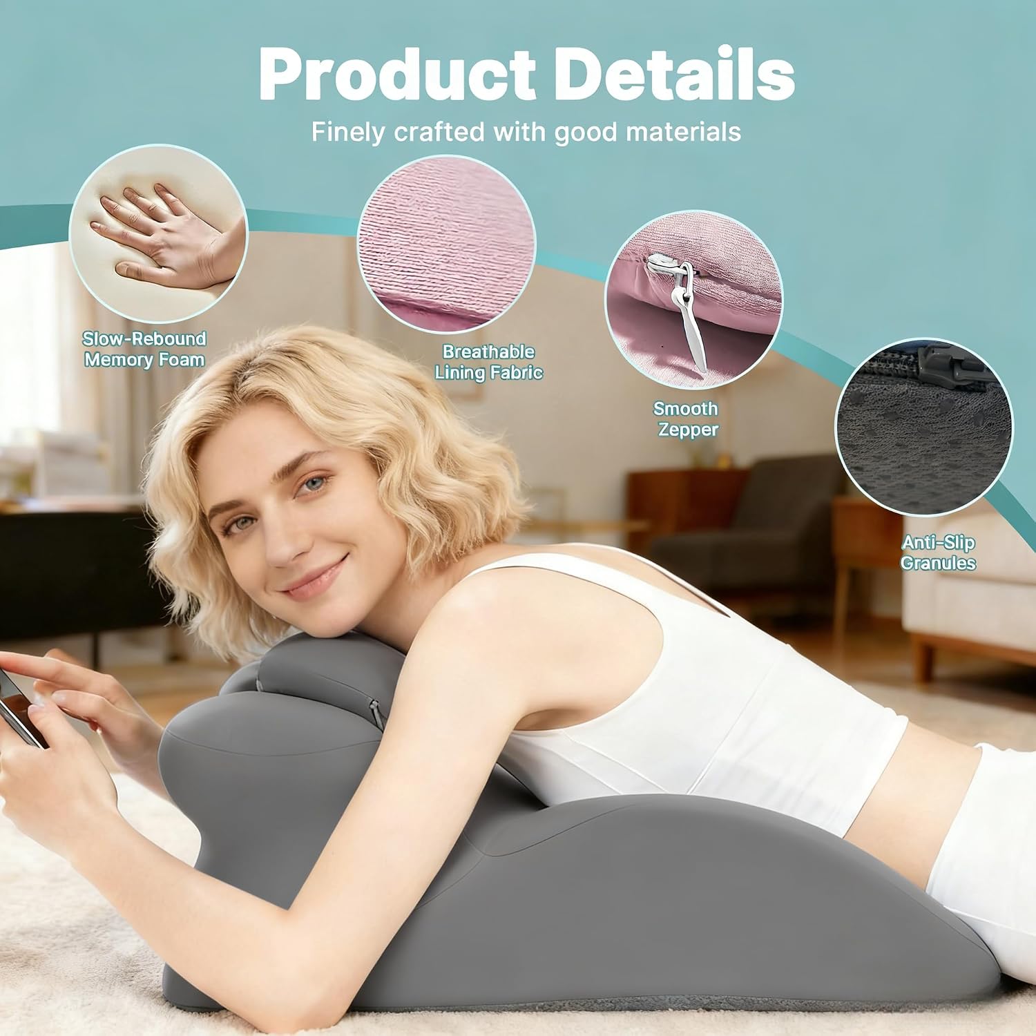 Ergonomic Memory Foam Wedge Pillow, Back and Neck Support Cushion for Reading in Bed, Sitting Up, Bed Rest and Watching TV (Grey)