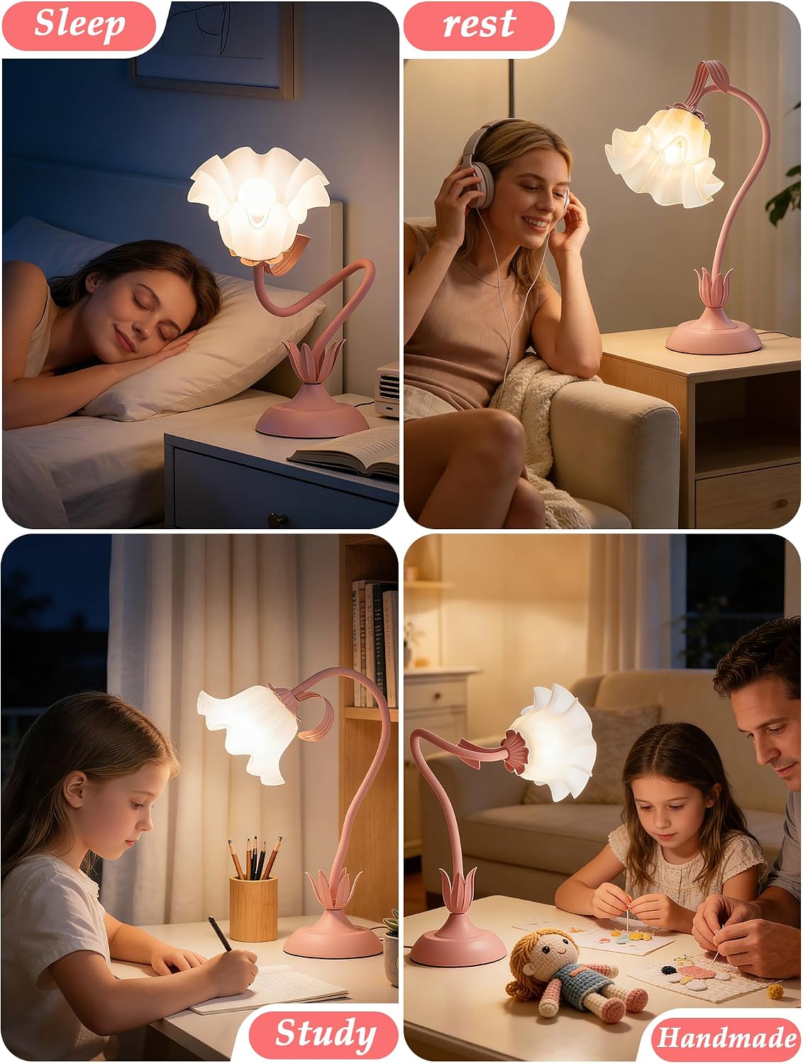 Bedside Table Lamp for Bedroom, Vintage Flower Table Lamps, LED Reading Light 3 Color Modes Bedside Lamps, Nightstand Lamp Kawaii Desk…