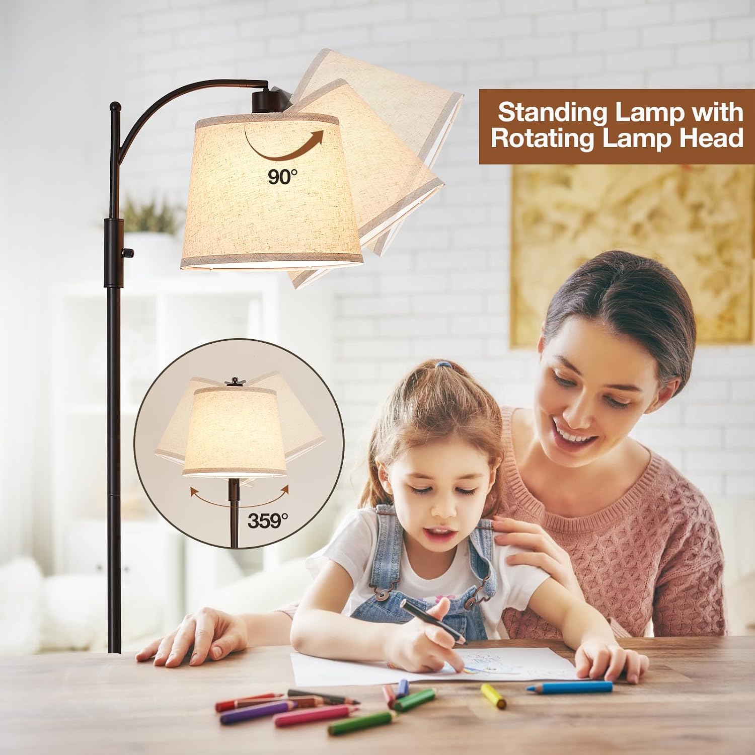 AIDENOEY Fully Dimmable Floor Lamp for Living Room, Standing Lamp Rotary Switch with Linen Beige Shade, Black Tall Lamps for Bedroom with…