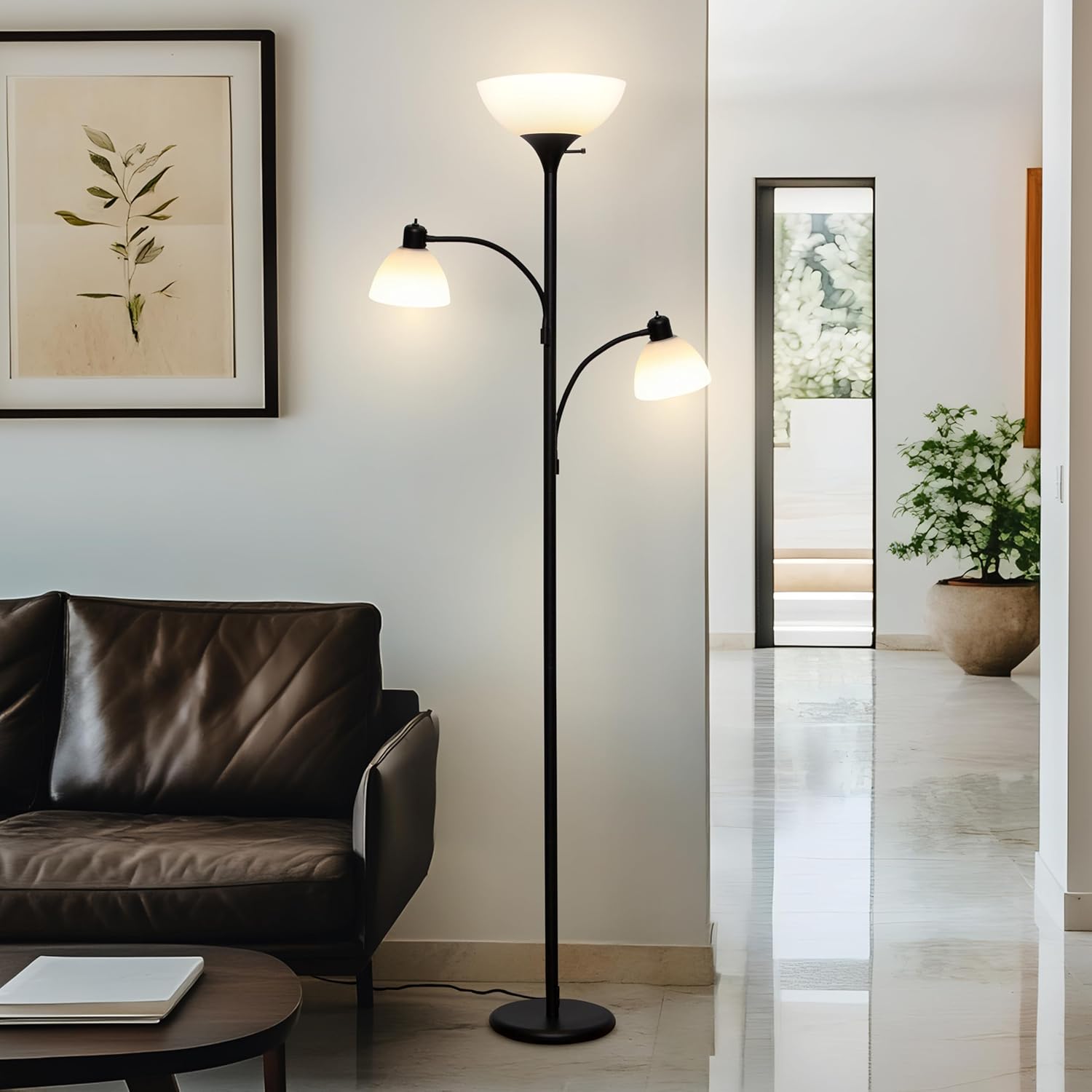 Brightech Sky Dome Double LED Floor Lamp, Torchiere Super Bright Floor Lamp with 2 Reading Lamps for Living Rooms & Offices - Dimmable…