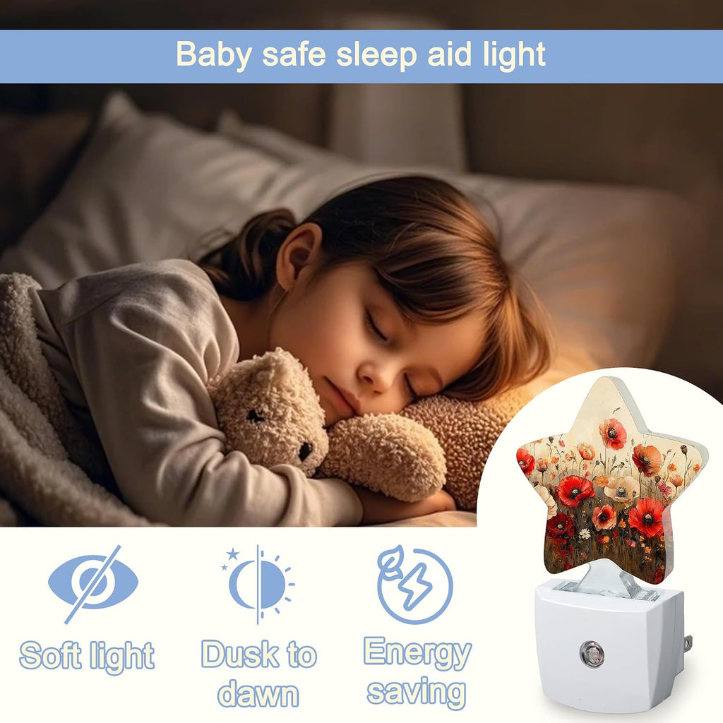 Snowmolle Night Light, Red Poppy Flower Plug into Wall with Dusk to Dawn Light Sensors, Vintage Floral Warm Star Nightlights for Bedroom, Bath…