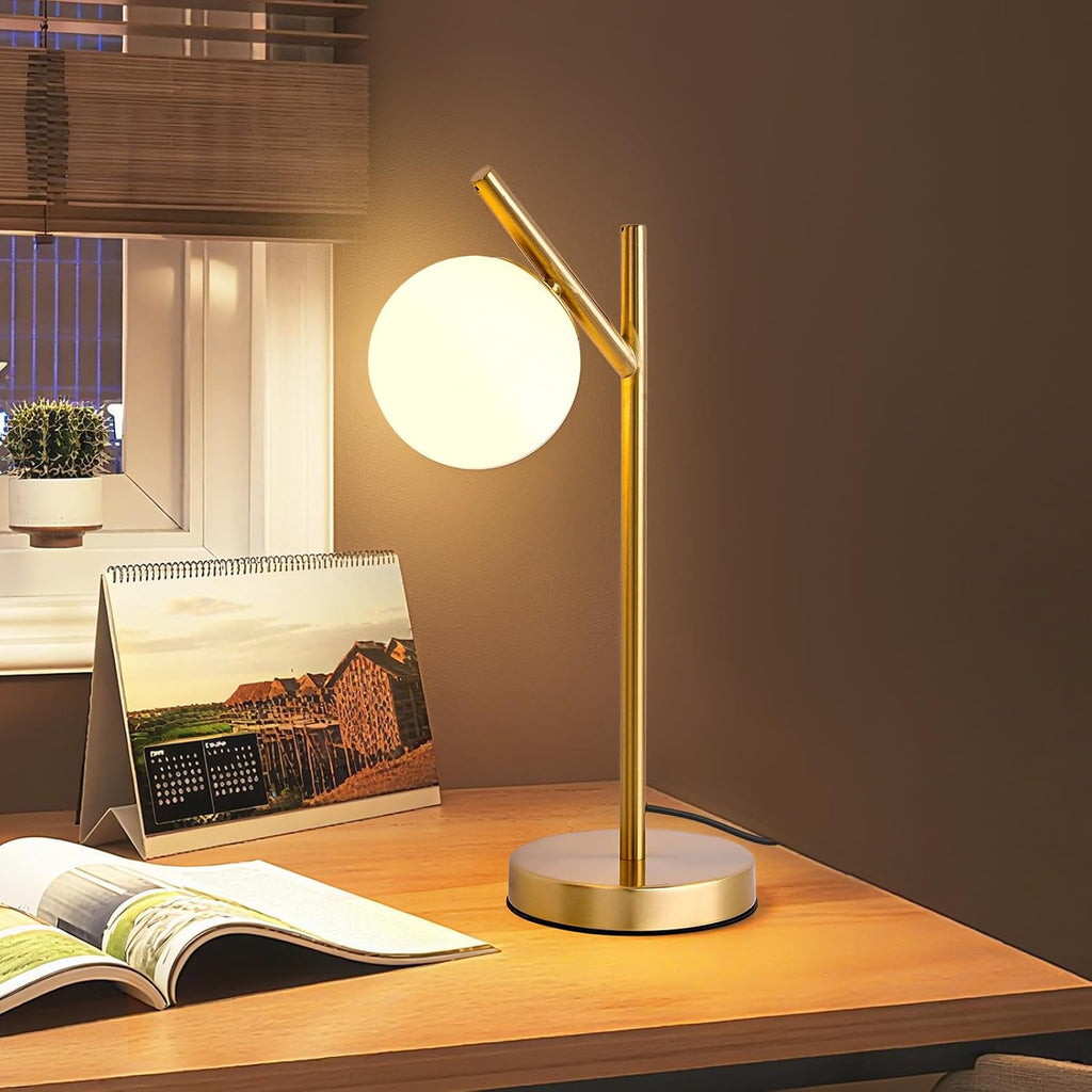 KardleenFocusOnIndoorLight Gold Table Lamp, White Glass Globe lamp Mid Century Modern Bedside lamp Soft Glow Bedside Nightstand Light for B…