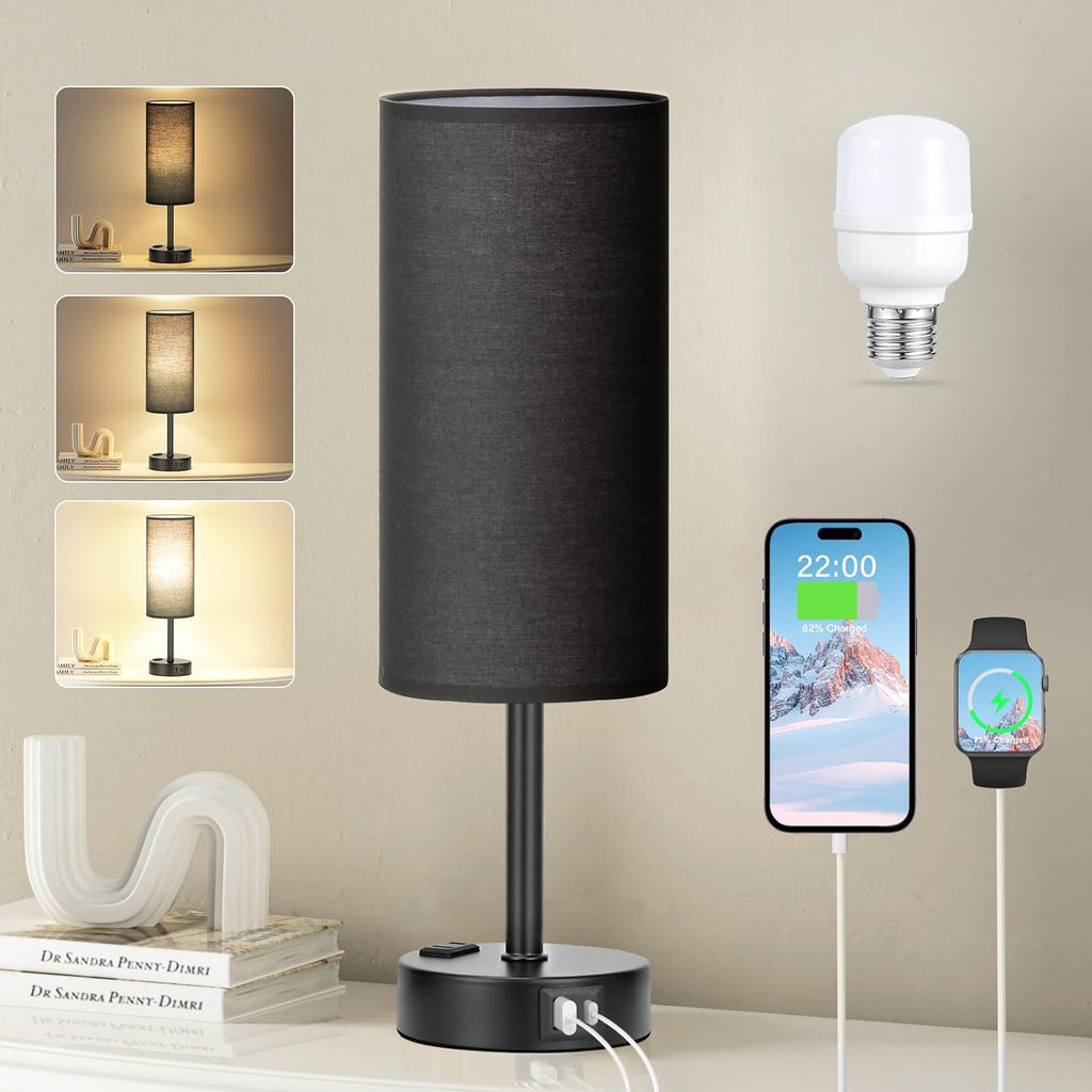 Fenmzee Black Bedroom Lamp for Nightstand - 3 Way Dimmable Bedside Lamp USB C A Charging Ports and AC Outlet, Small Table Lamp Black Base…