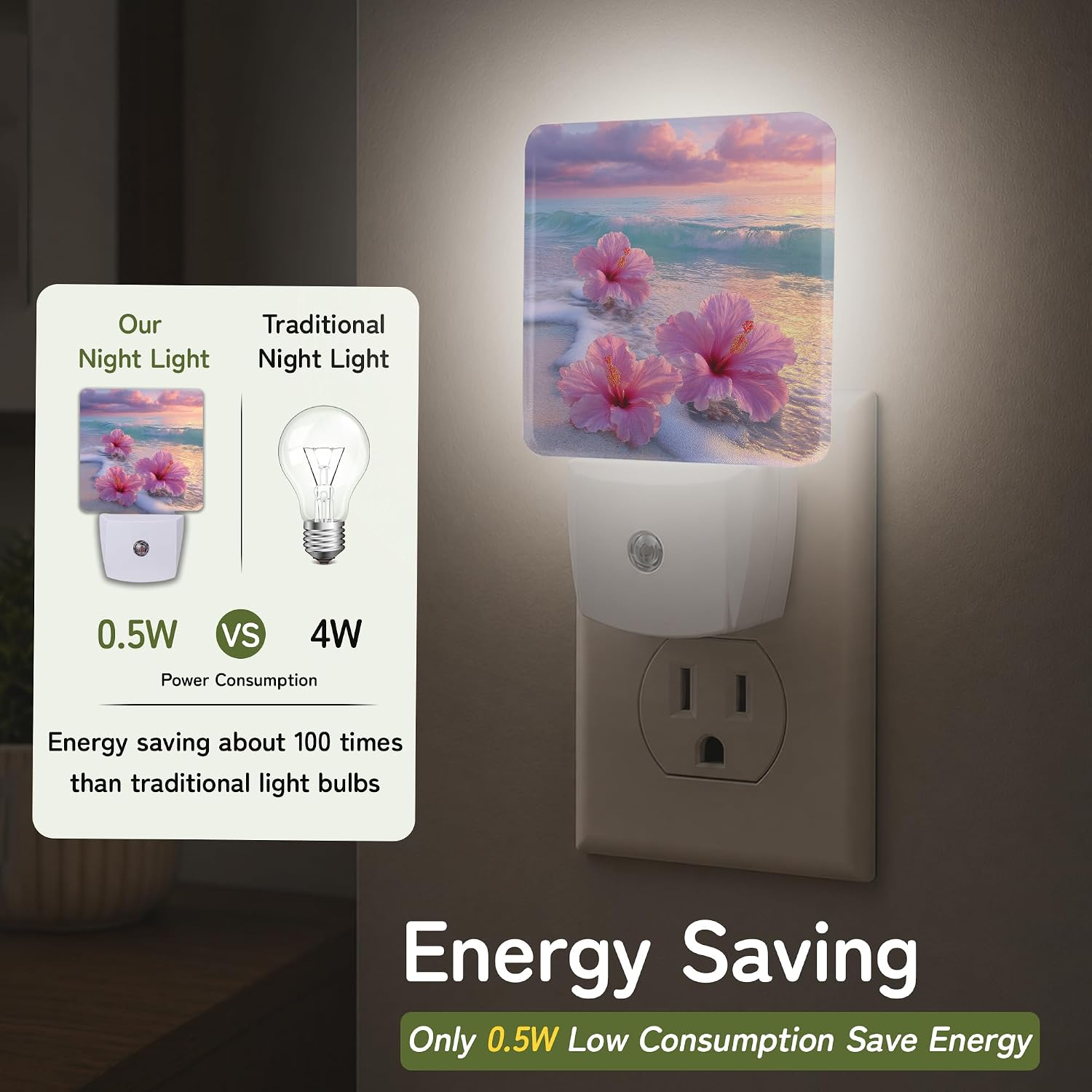 Pink Hibiscus Beach Night Lights Plug into Wall, Night Light for Bedroom Bathroom Hallway Kitchen, Auto Dusk to Dawn Sensor Decorative…