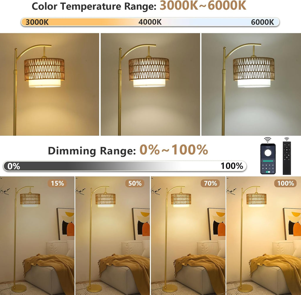 Gold Floor Lamps for Living Room with Remote & Dimmable LED Bulb, Modern Arc Floor Lamp with 3 Color Temperatures, Boho Standing Lamp…