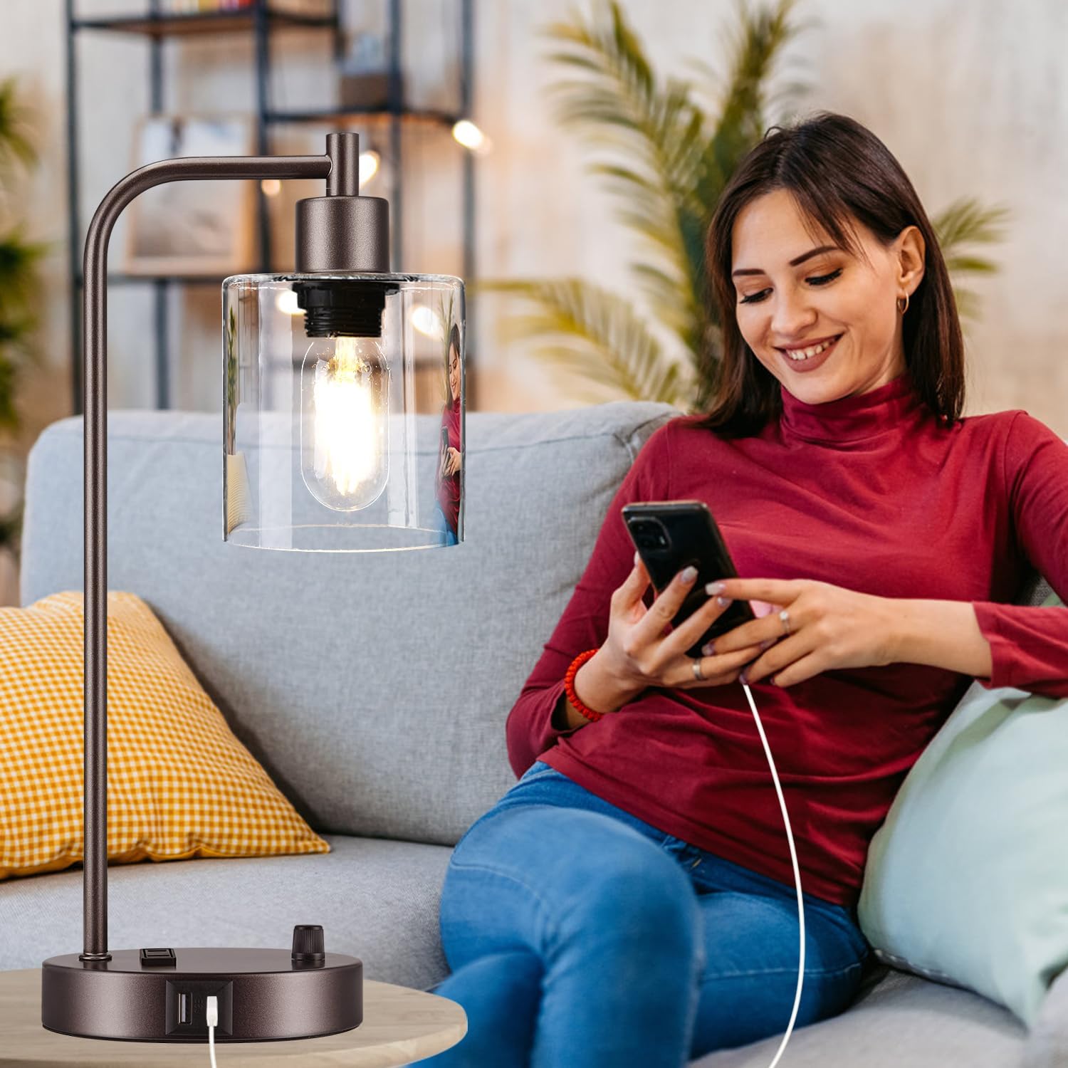 Lynnoland Set of 2 Oil Rubbed Bronze Table Lamps with USB C+A Ports and Outlet, Fully Stepless Dimmable Bedside Lamps, Industrial Desk…