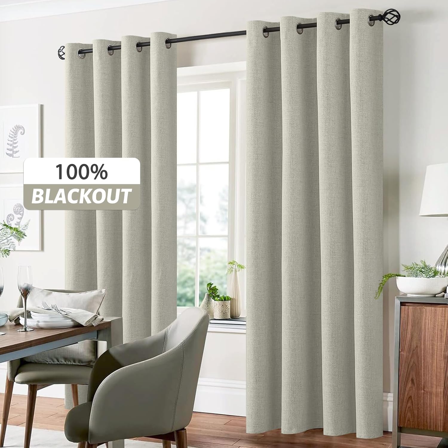 Yakamok Cream Linen Curtains 100% Blackout 84 Inches Long, Room Darkening Textured Drapes for Living Room Thermal Grommet Bedroom Curtains 2…