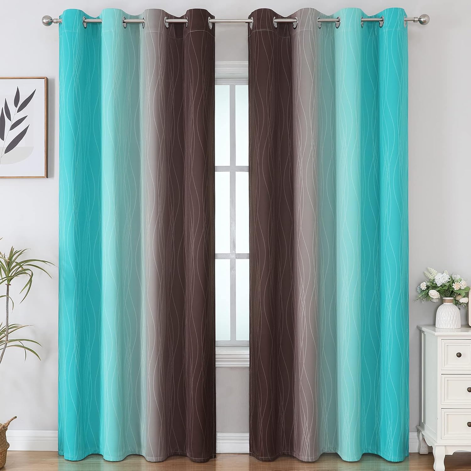 Estelartextiler Estelar Textiler Ombre Blackout Curtains 102 Inches Long 2 Panels Set, Brown and Teal Thermal Insulated Drapes for Bedroom,…