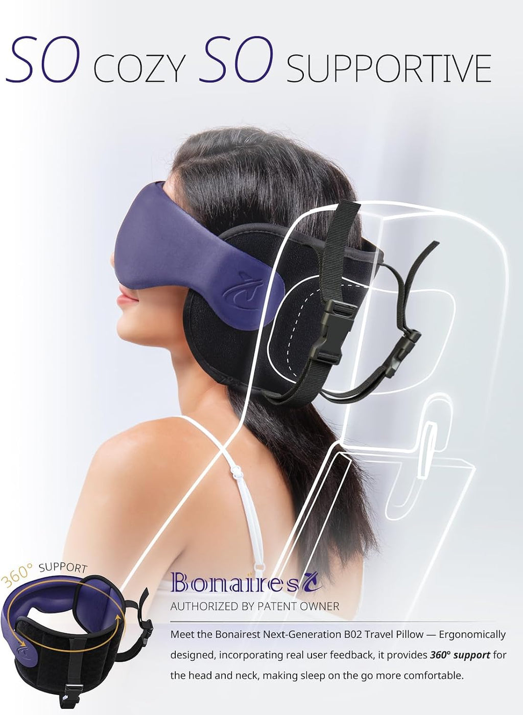 Bonairest Travel Pillow, Airplane Pillow with 3D Eye Mask for Sleeping, Round Edge Plane Head Strap 360°Headrest Support for Long Flight, S…