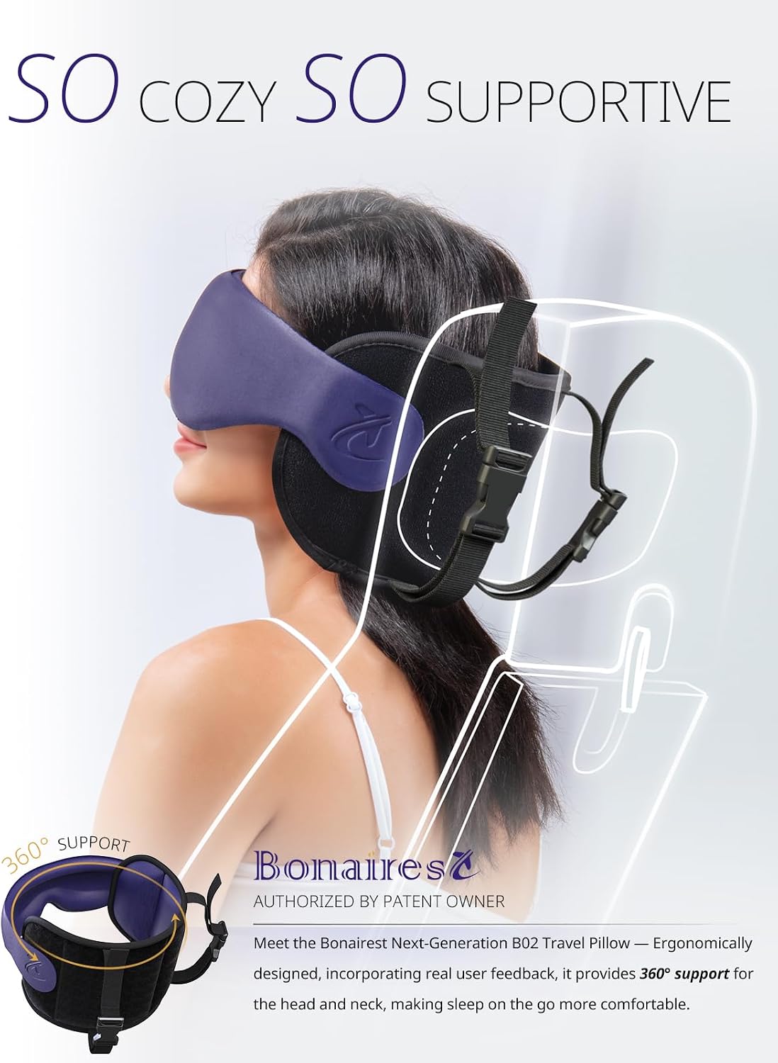 Bonairest Travel Pillow, Airplane Pillow with 3D Eye Mask for Sleeping, Round Edge Plane Head Strap 360°Headrest Support for Long Flight, S…